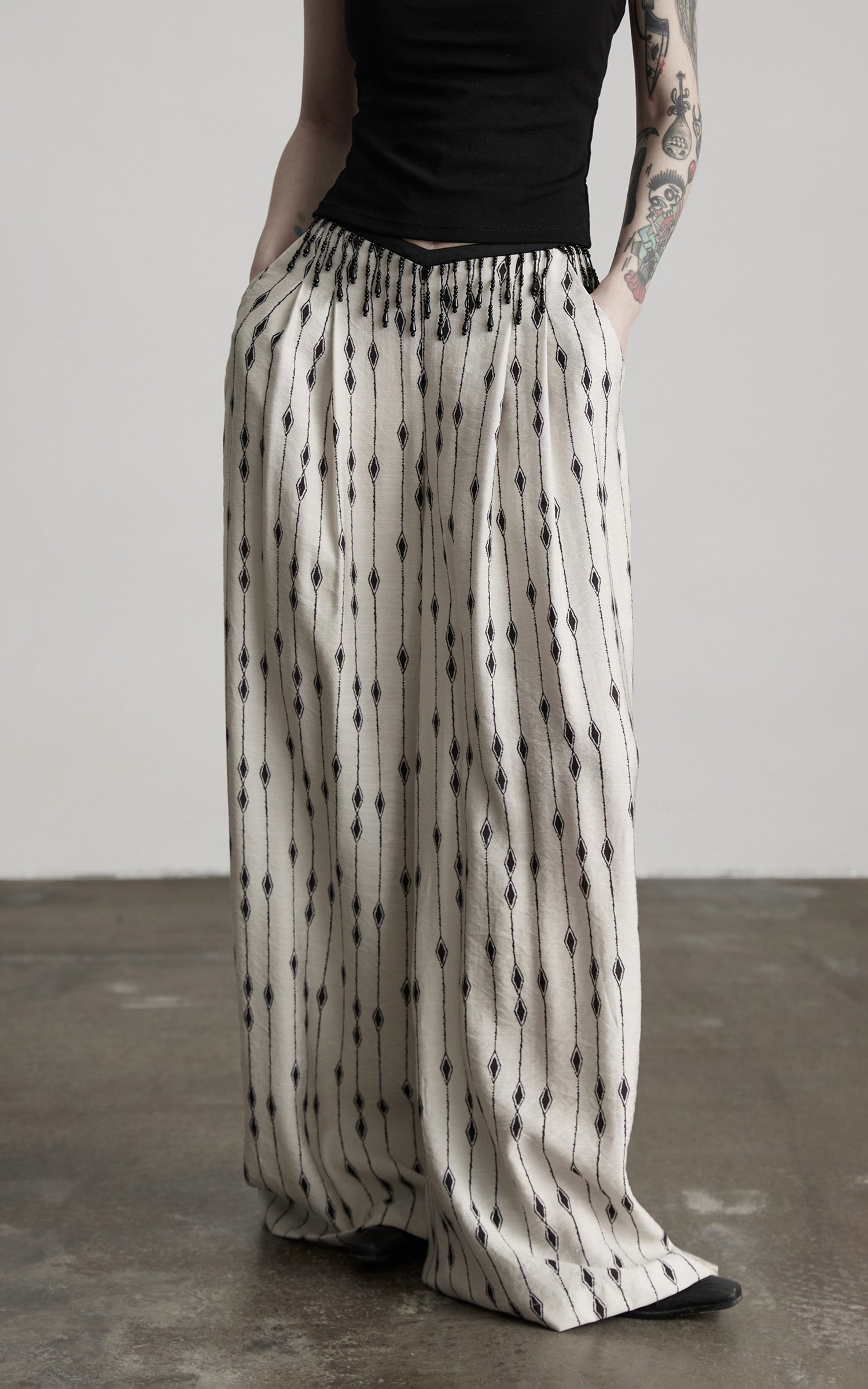 INDULGE Embellished Wide-Leg Pants with Beaded Draped Waistline