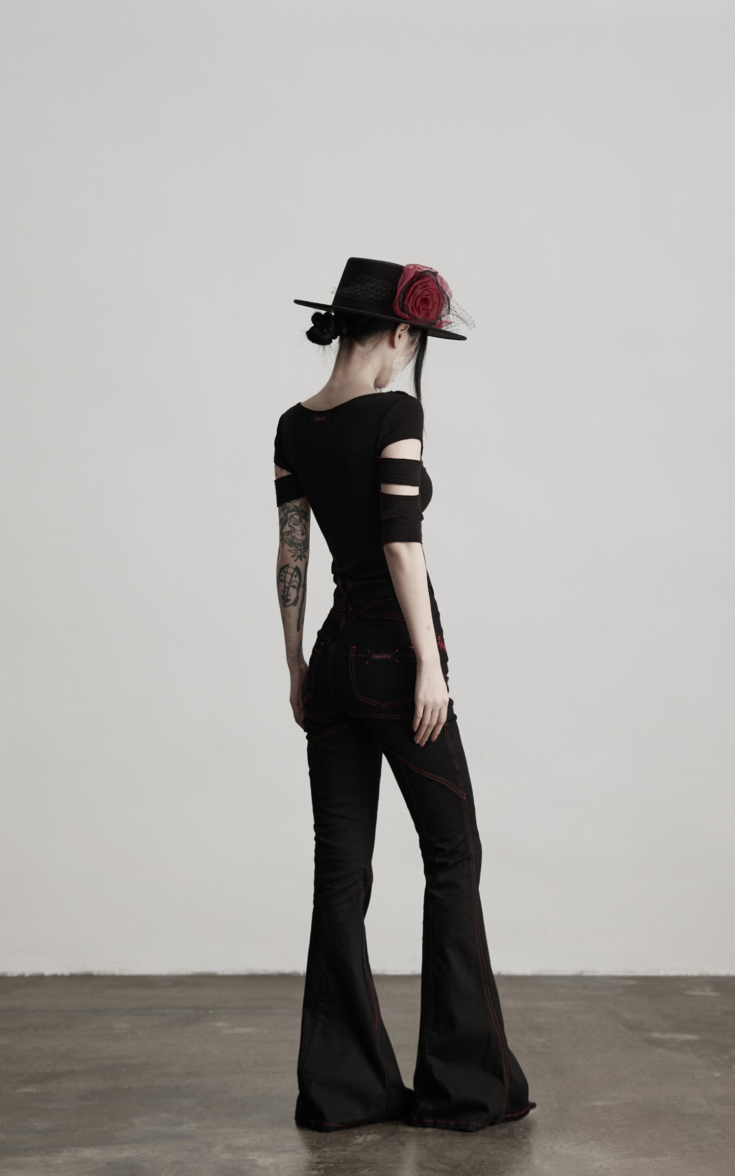 INDULGE IN Gothic Flared Pants with Red Embroidery