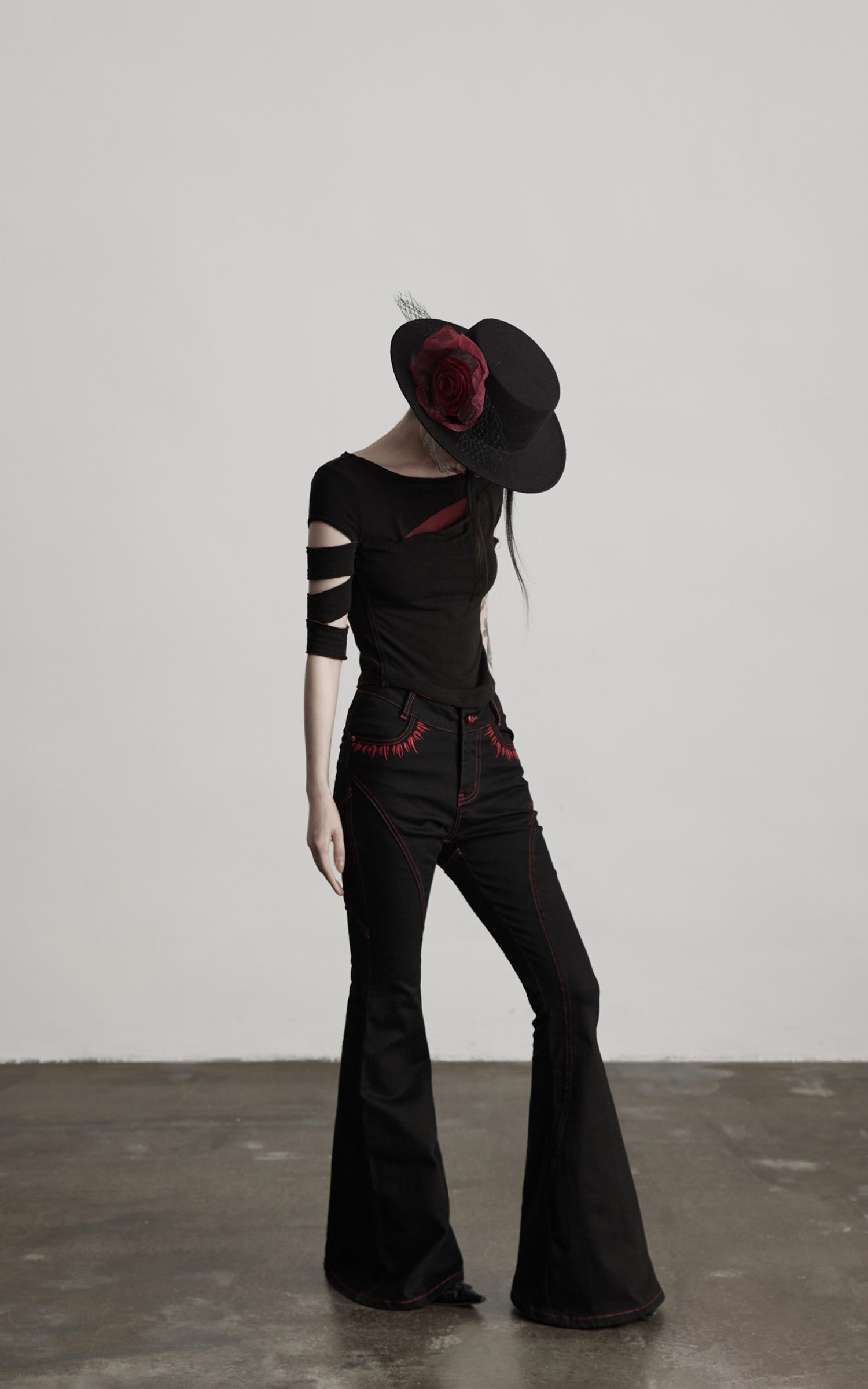 INDULGE IN Gothic Flared Pants with Red Embroidery