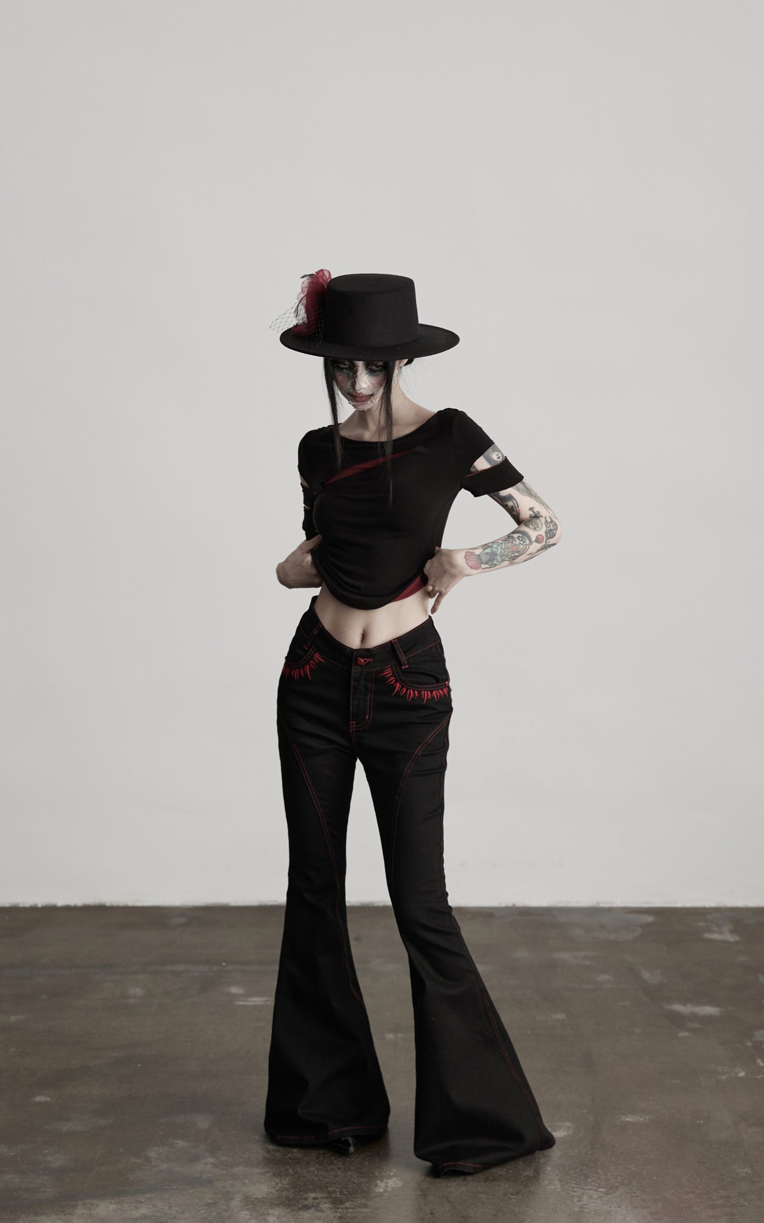 INDULGE Asymmetric Slashed T-Shirt with Layered Cutout Sleeves