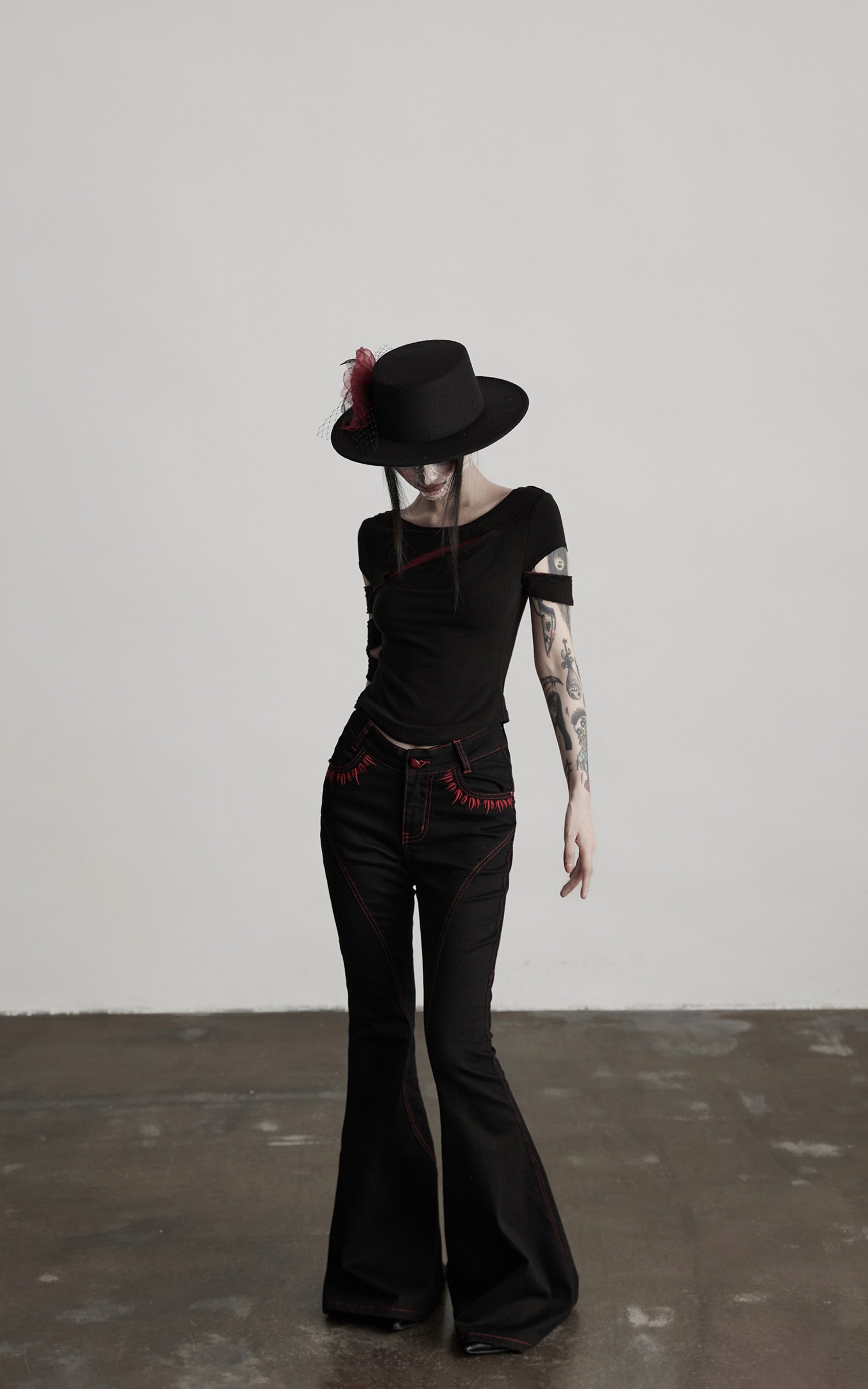 INDULGE IN Gothic Flared Pants with Red Embroidery