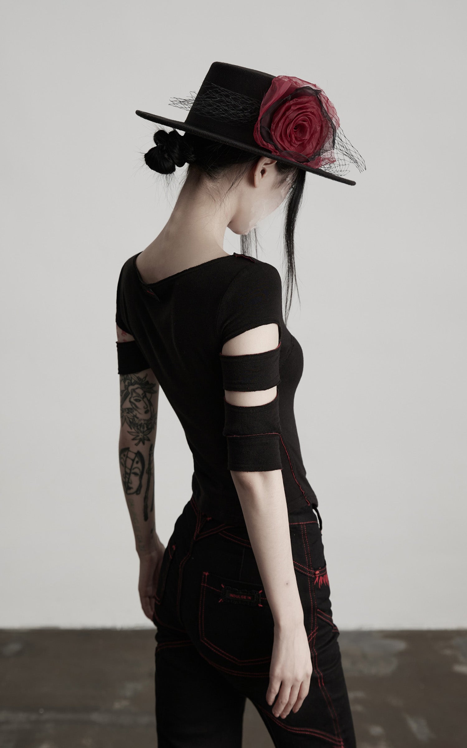 INDULGE Asymmetric Slashed T-Shirt with Layered Cutout Sleeves