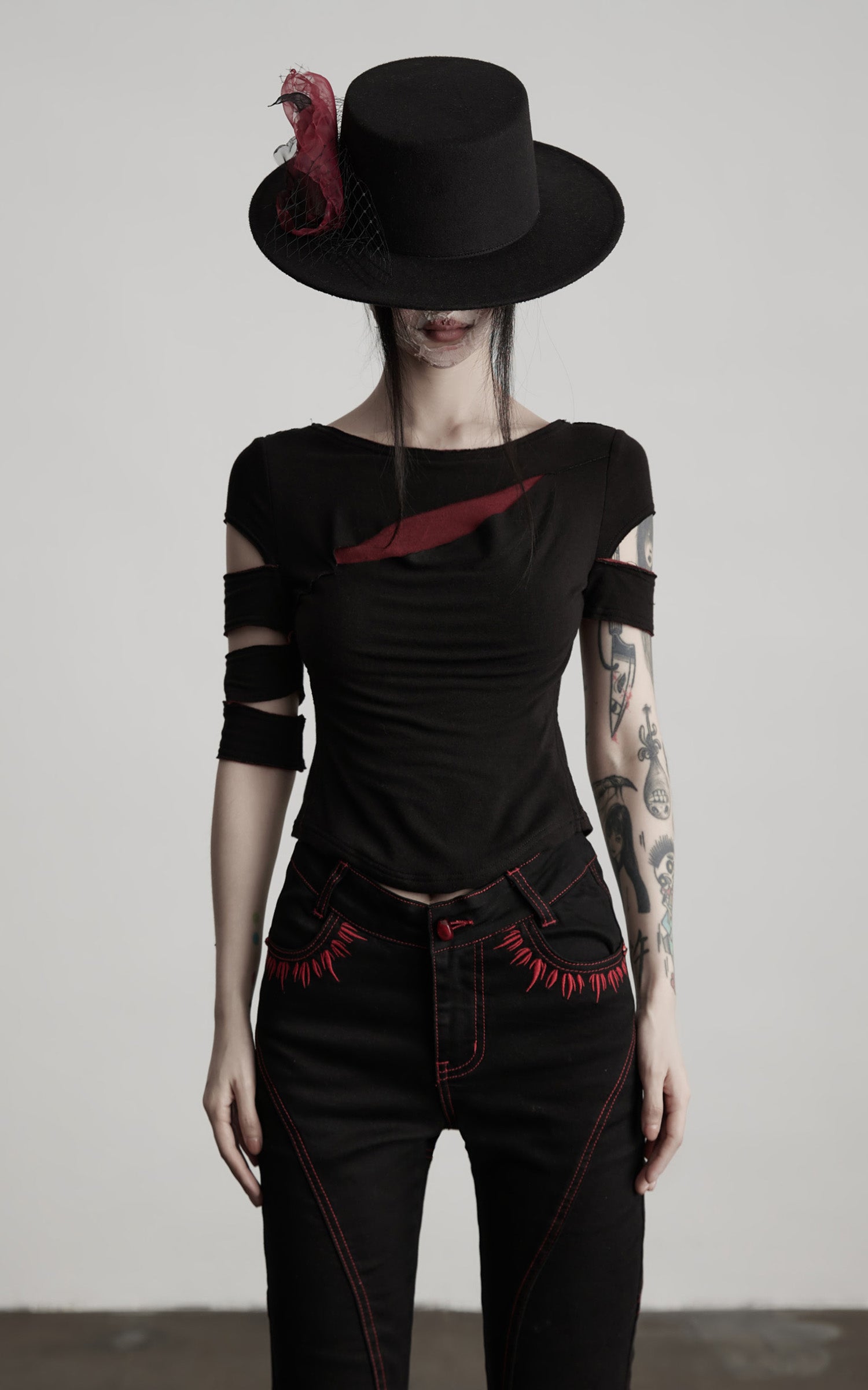 INDULGE Asymmetric Slashed T-Shirt with Layered Cutout Sleeves