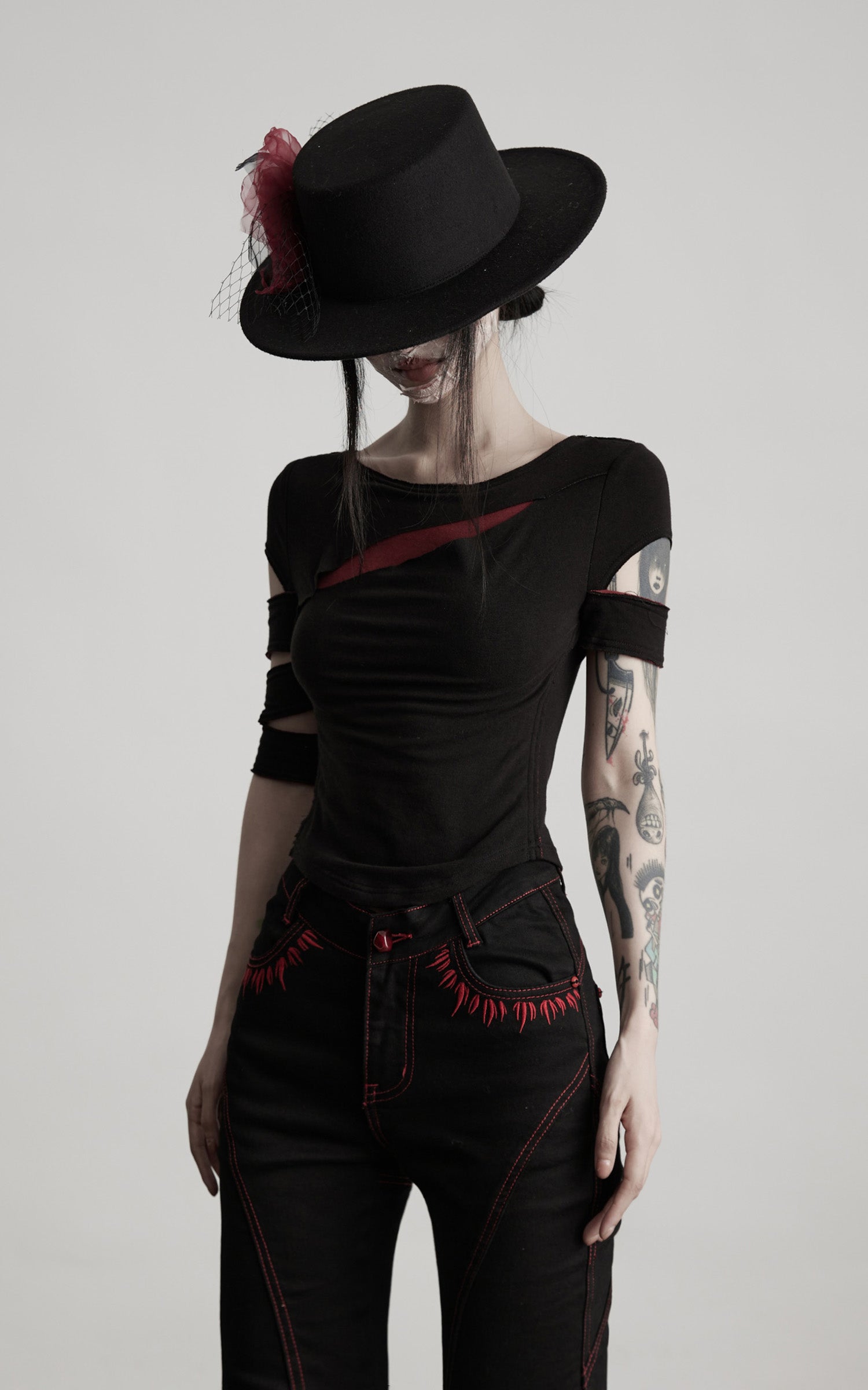 INDULGE Asymmetric Slashed T-Shirt with Layered Cutout Sleeves