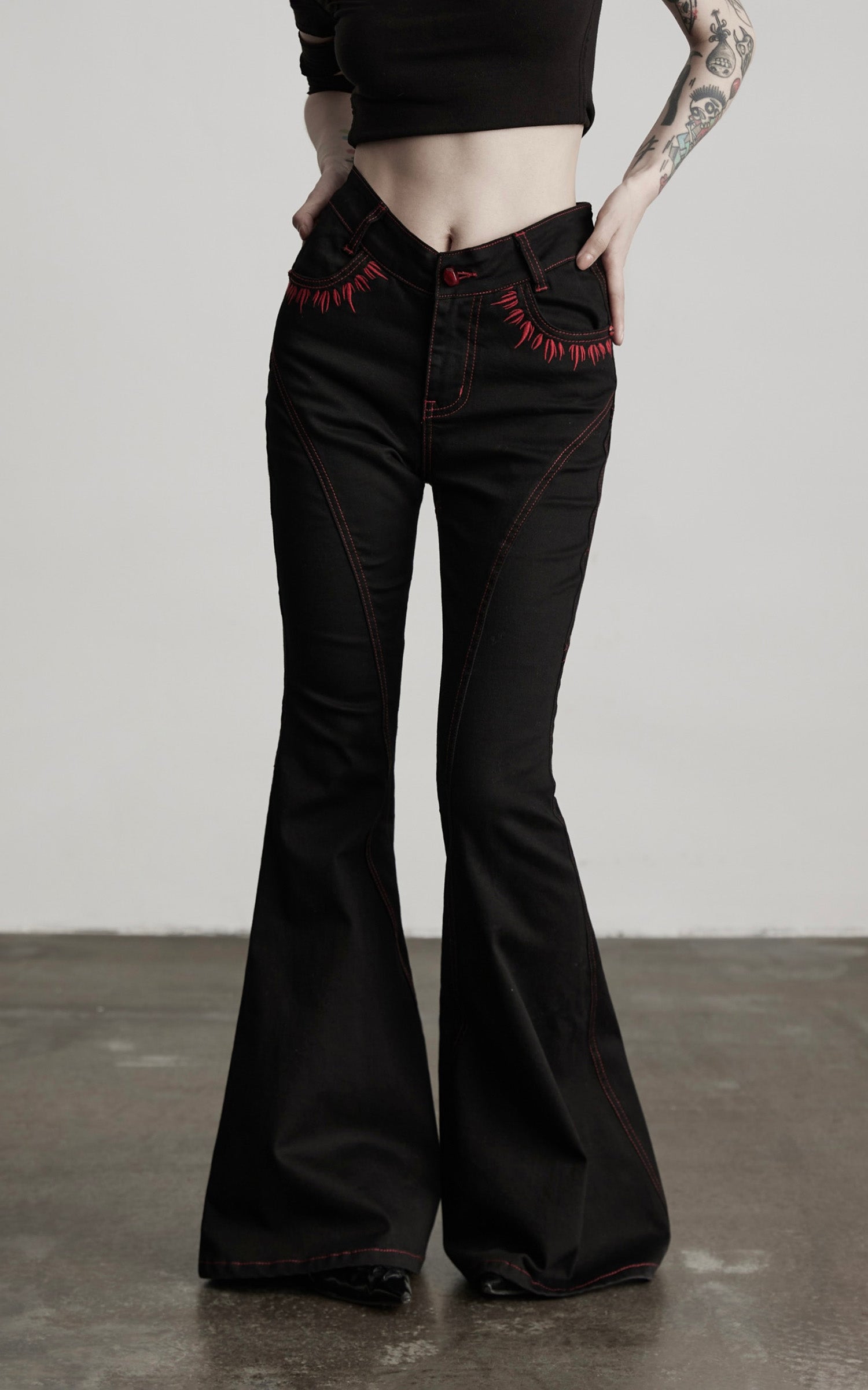 INDULGE IN Gothic Flared Pants with Red Embroidery