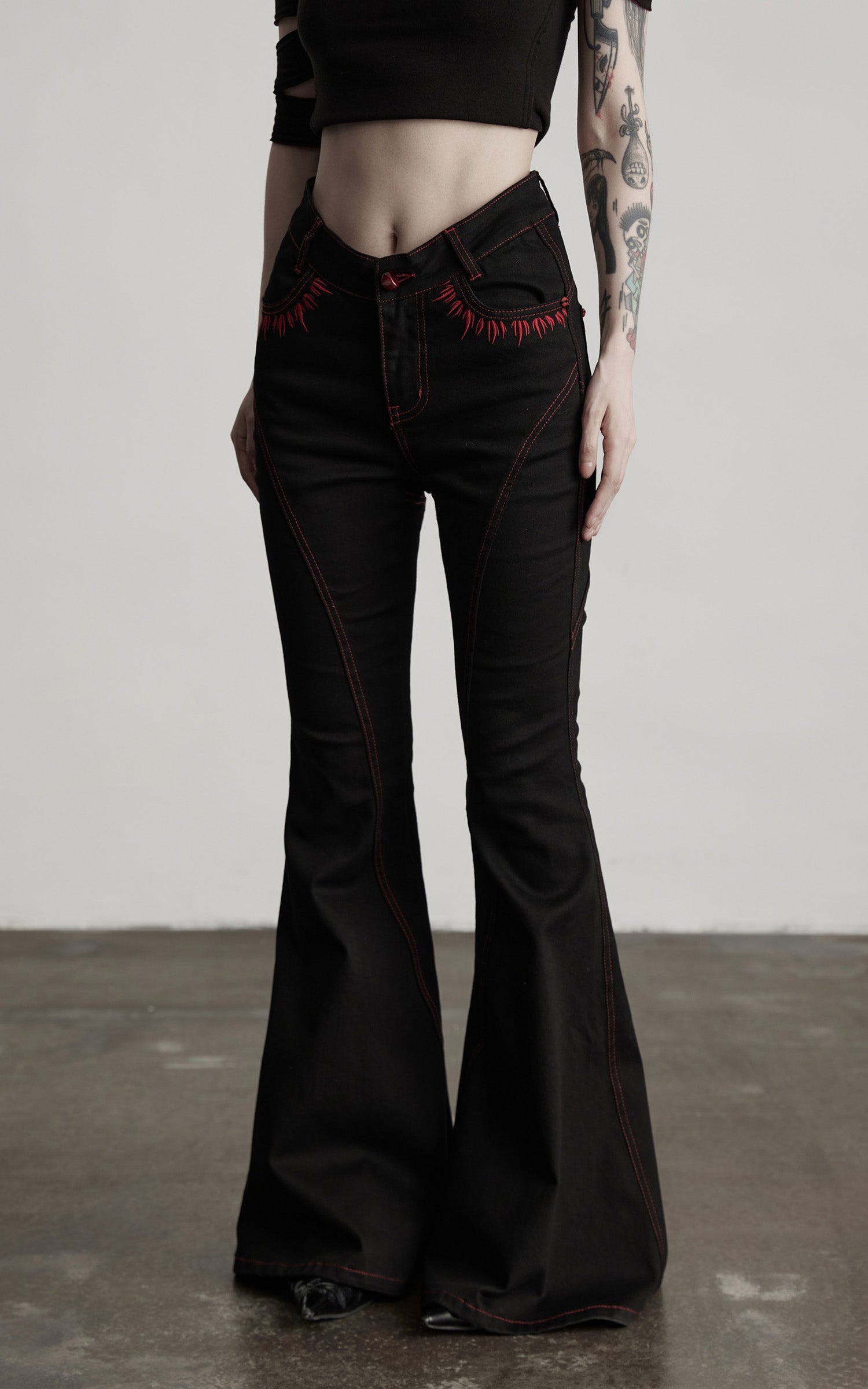 INDULGE IN Gothic Flared Pants with Red Embroidery