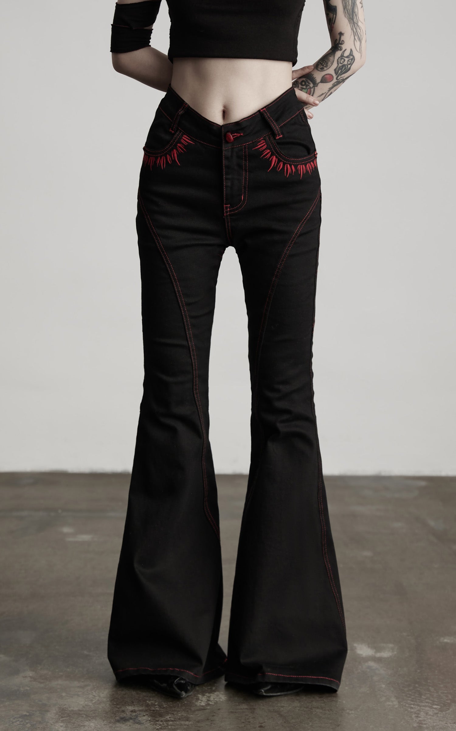 INDULGE IN Gothic Flared Pants with Red Embroidery