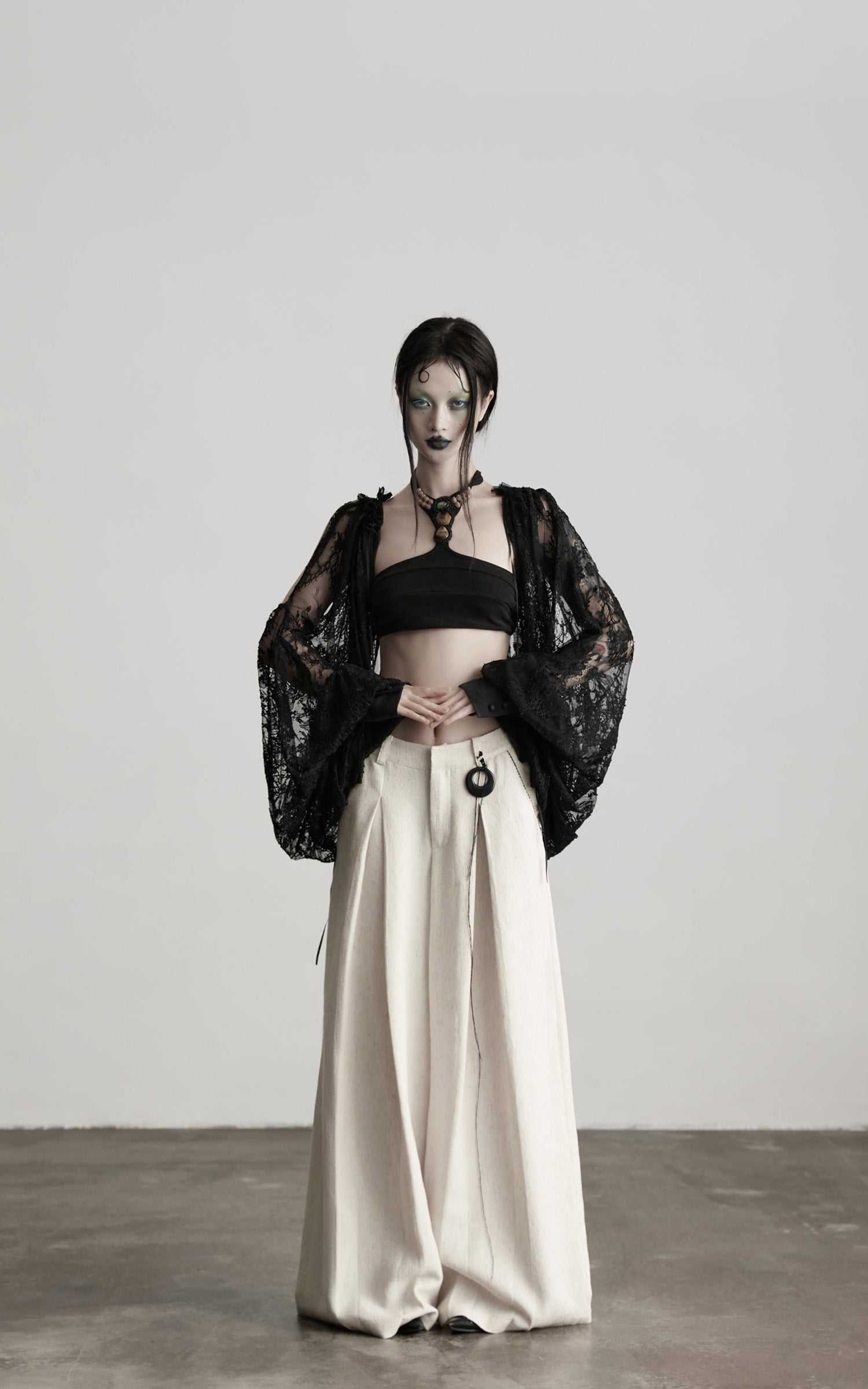 INDULGE Raw-Texture Wide-Leg Pants with Hand-Stitched Details