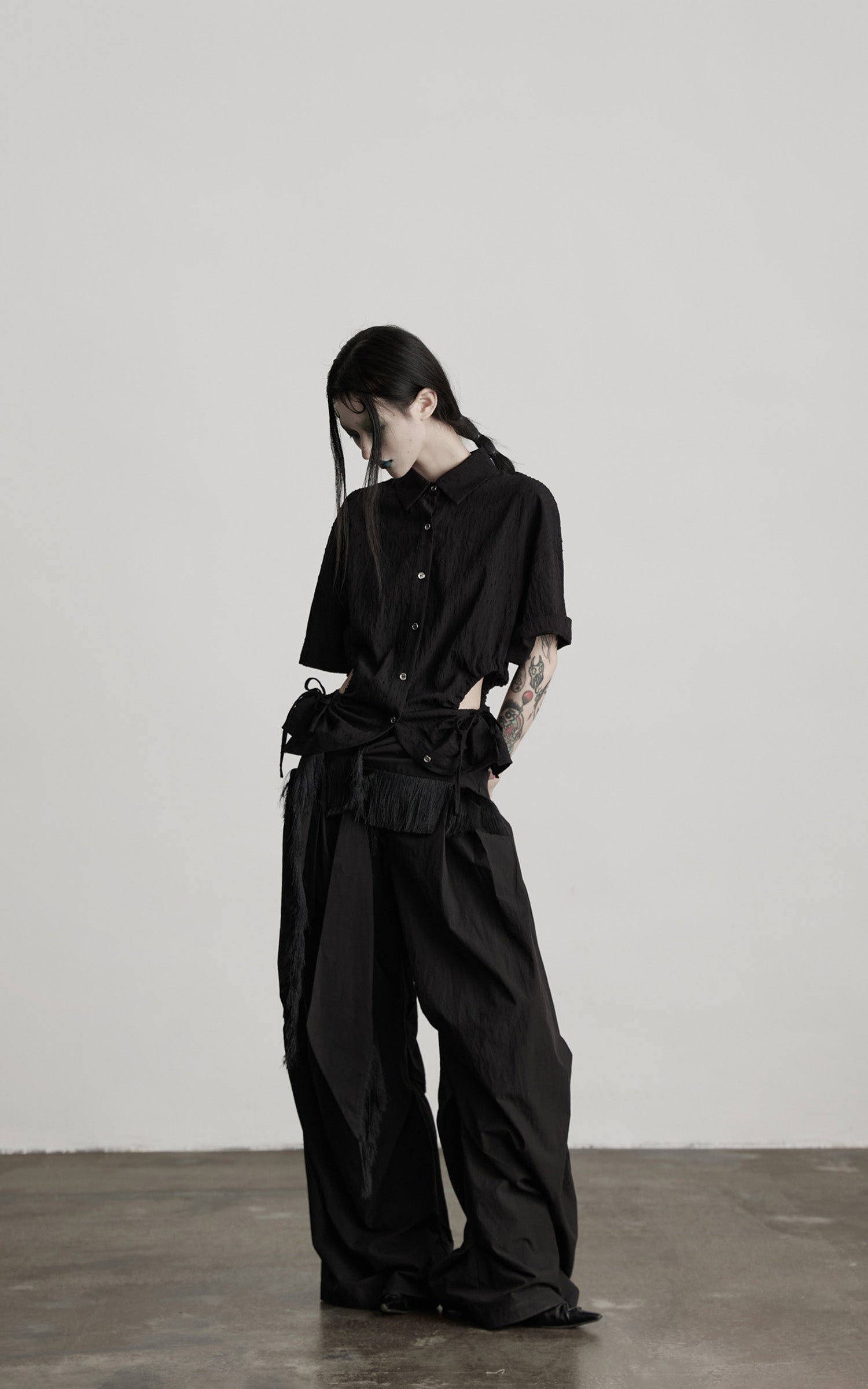 INDULGE Wide-Leg Draped Pants with Fringed Panels and Deconstructed Details