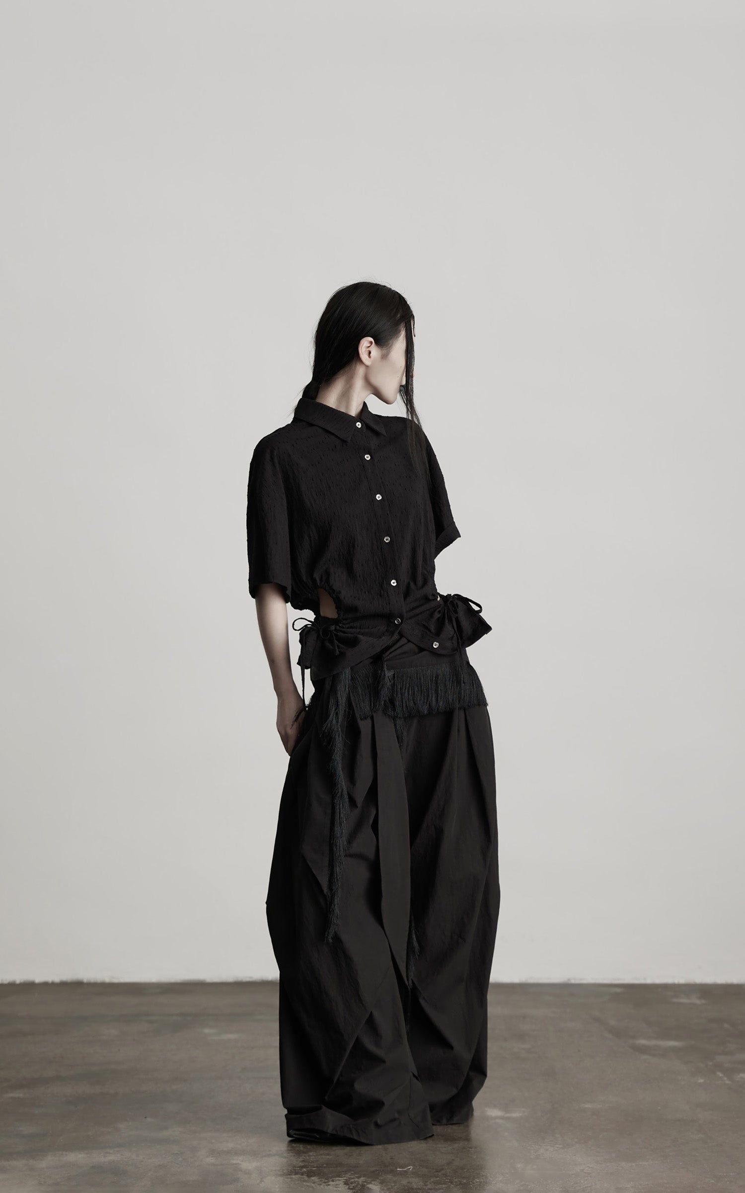 INDULGE Wide-Leg Draped Pants with Fringed Panels and Deconstructed Details