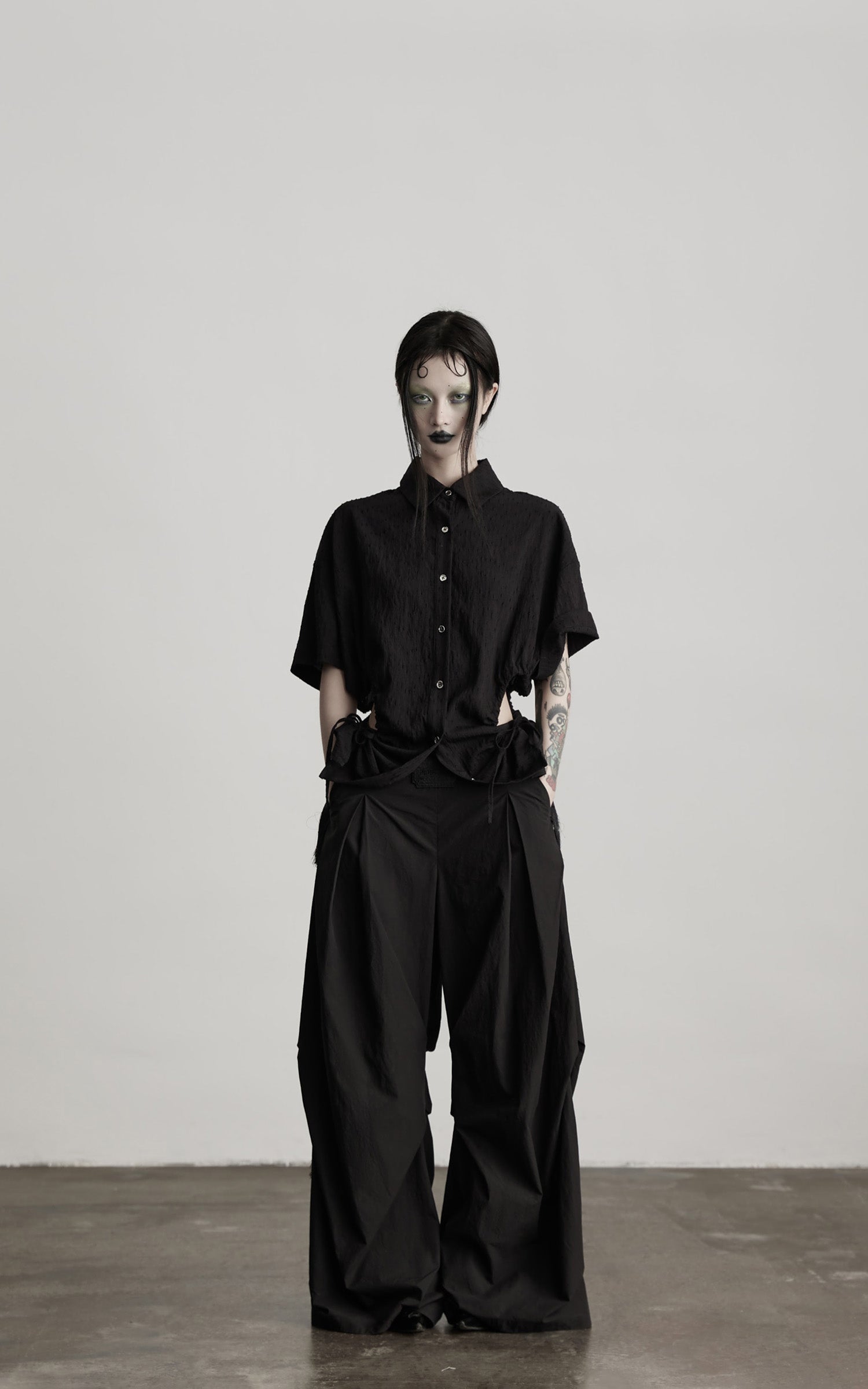INDULGE Wide-Leg Draped Pants with Fringed Panels and Deconstructed Details