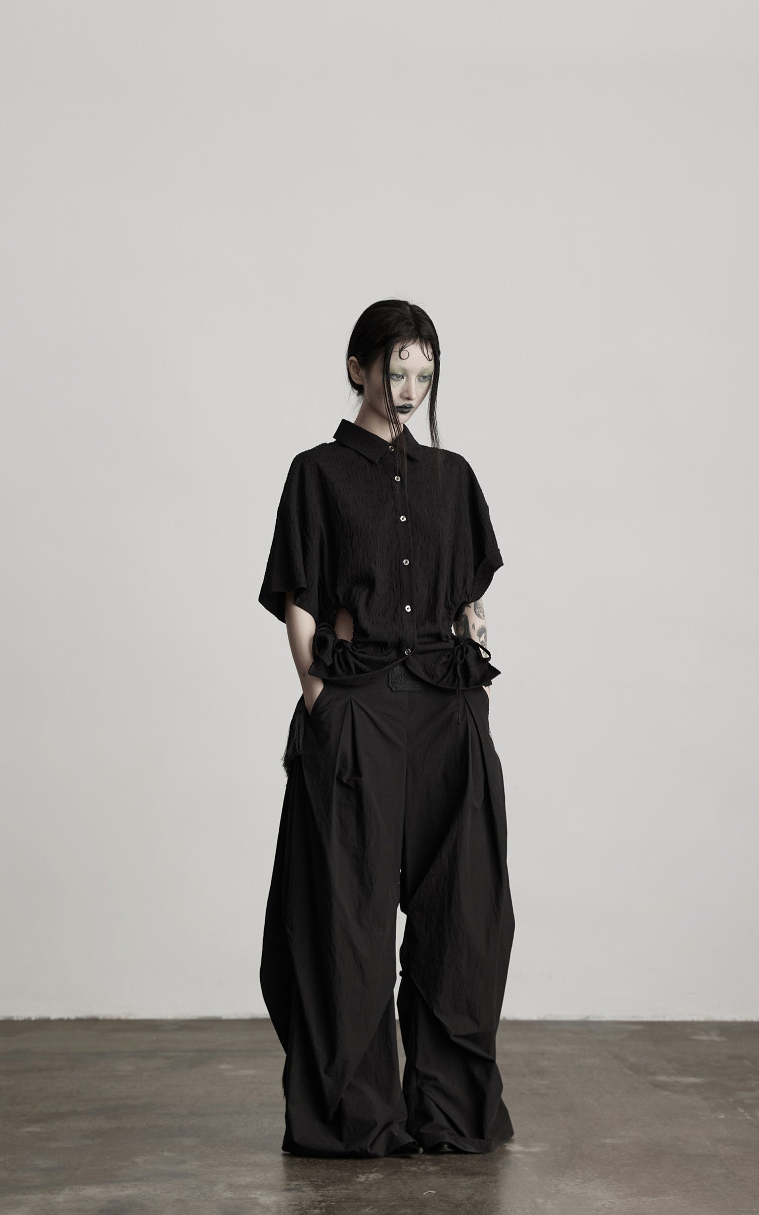 INDULGE Wide-Leg Draped Pants with Fringed Panels and Deconstructed Details