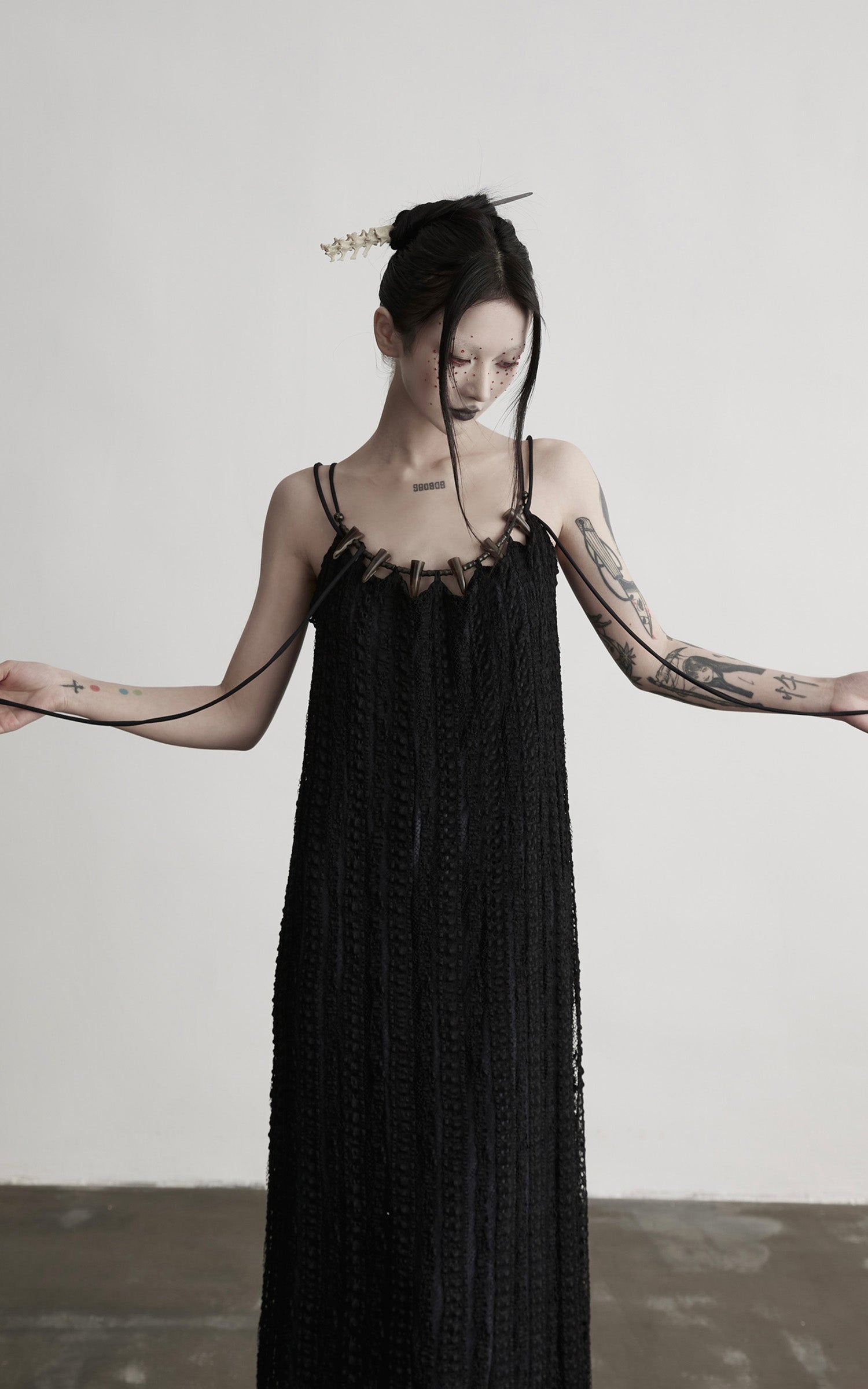INDULGE Lace Panel Long Dress with Carved Horn Beads and Ring Strap Detail