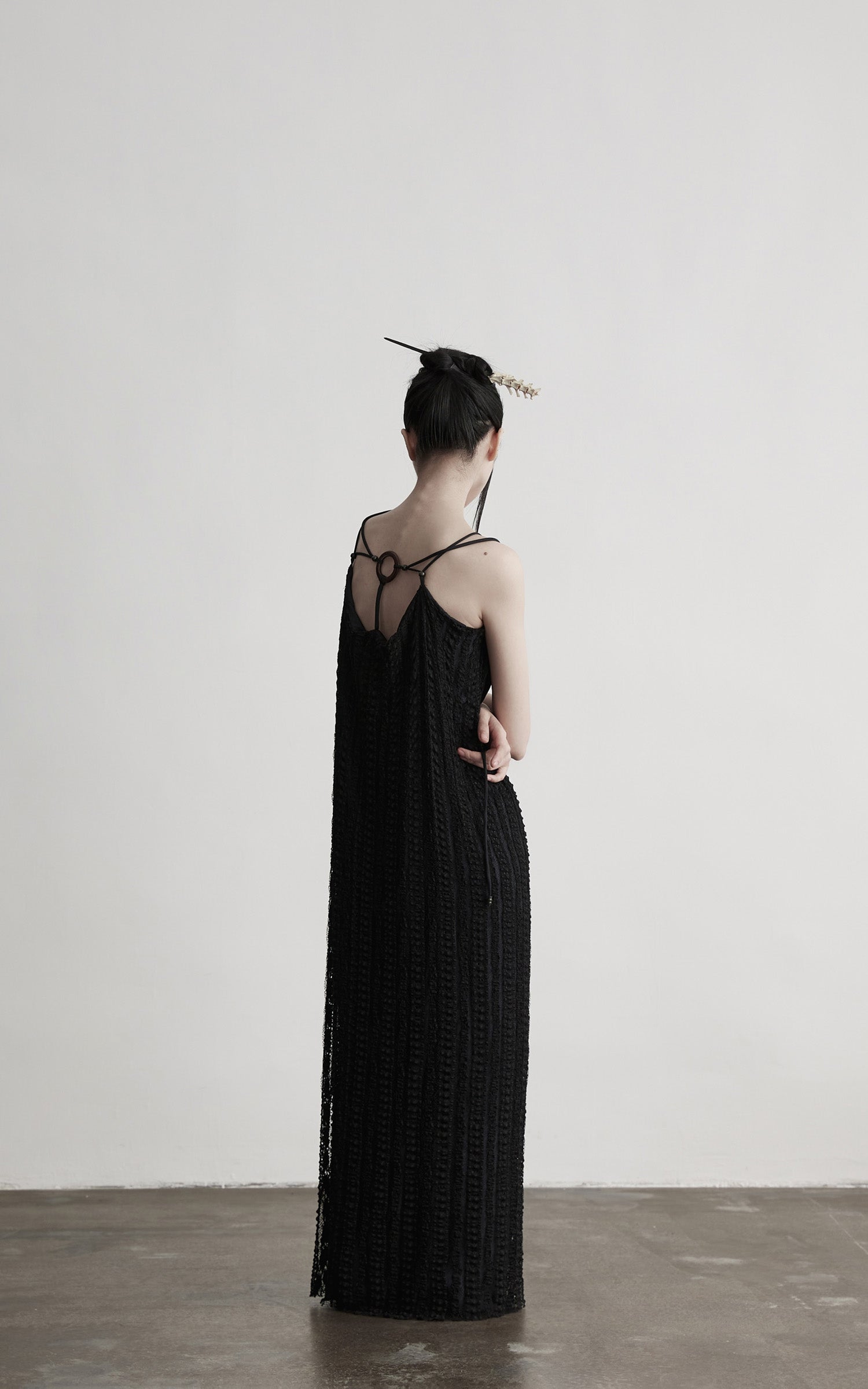 INDULGE Lace Panel Long Dress with Carved Horn Beads and Ring Strap Detail