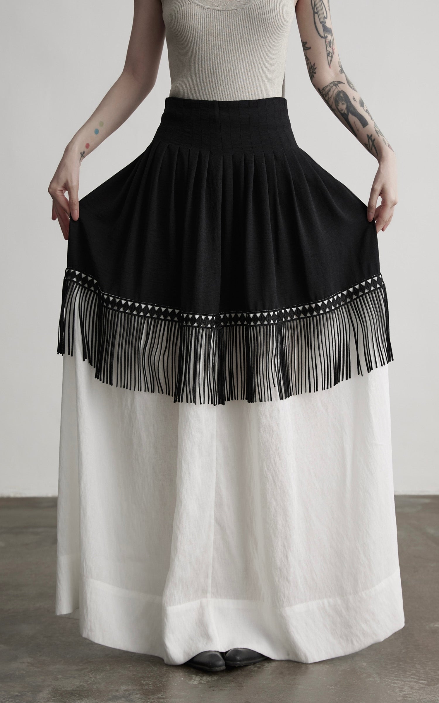 INDULGE Fringe Paneled Layered Skirt with Pleats and Contrast Hem