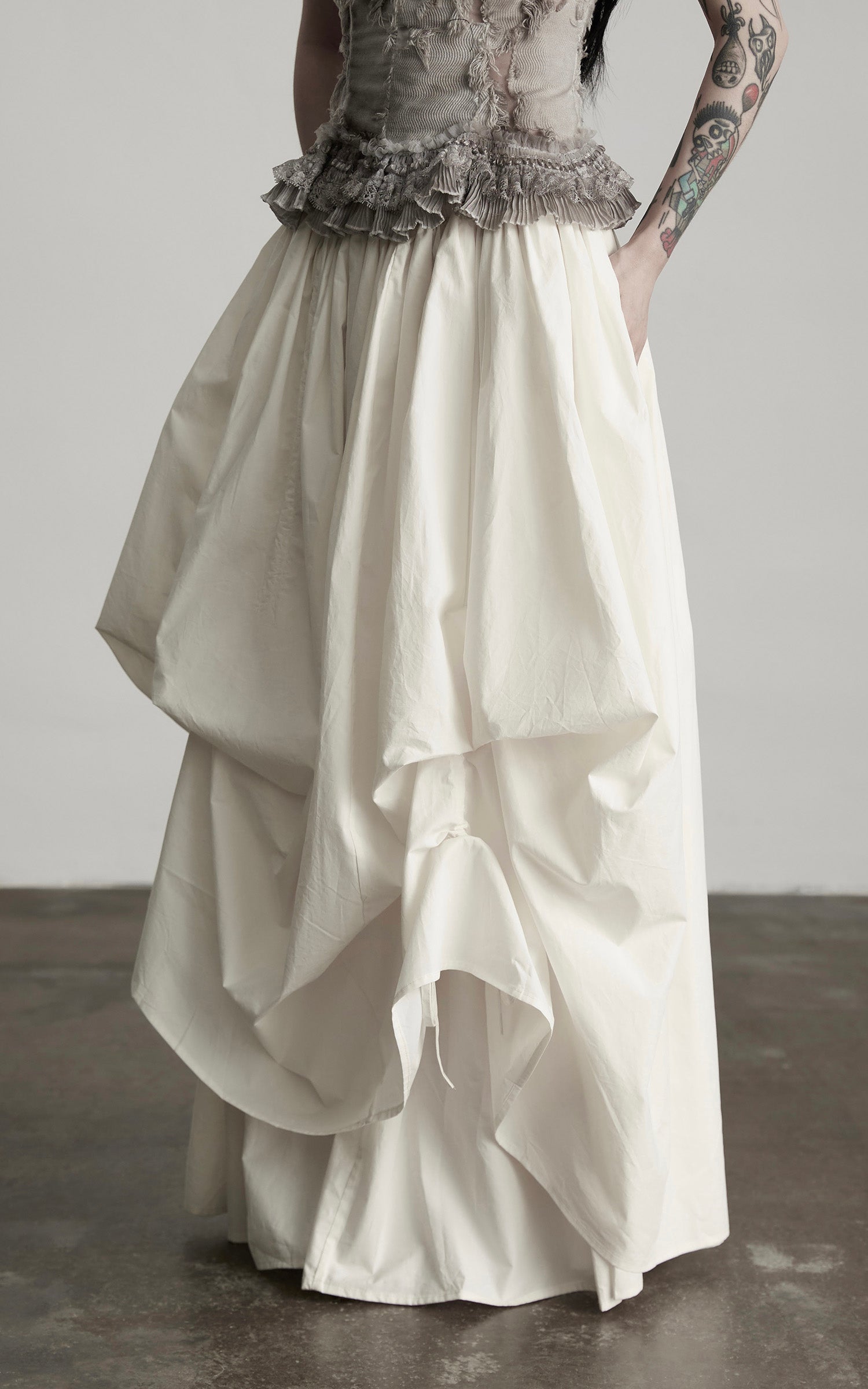 INDULGE Layered Cotton Skirt with Asymmetric Draped Hem