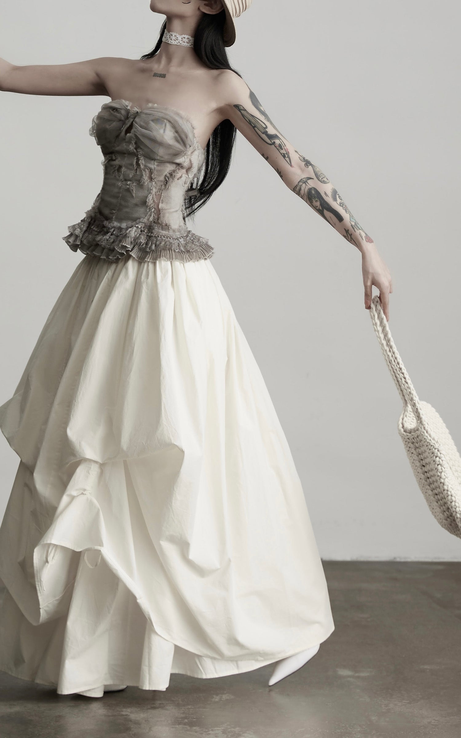 INDULGE Layered Cotton Skirt with Asymmetric Draped Hem