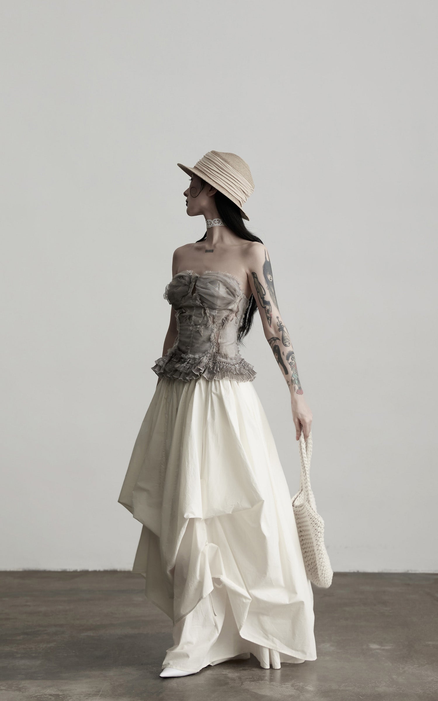 INDULGE Layered Cotton Skirt with Asymmetric Draped Hem
