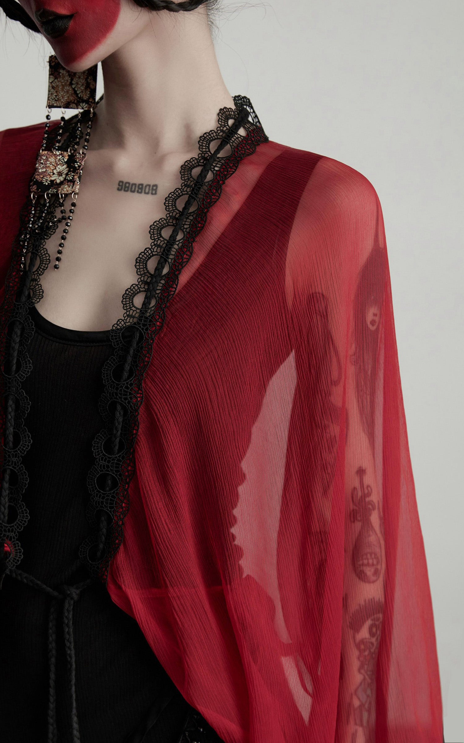 INDULGE Crimson Sheer Drape Jacket with Lace Trim and Beaded Tassels