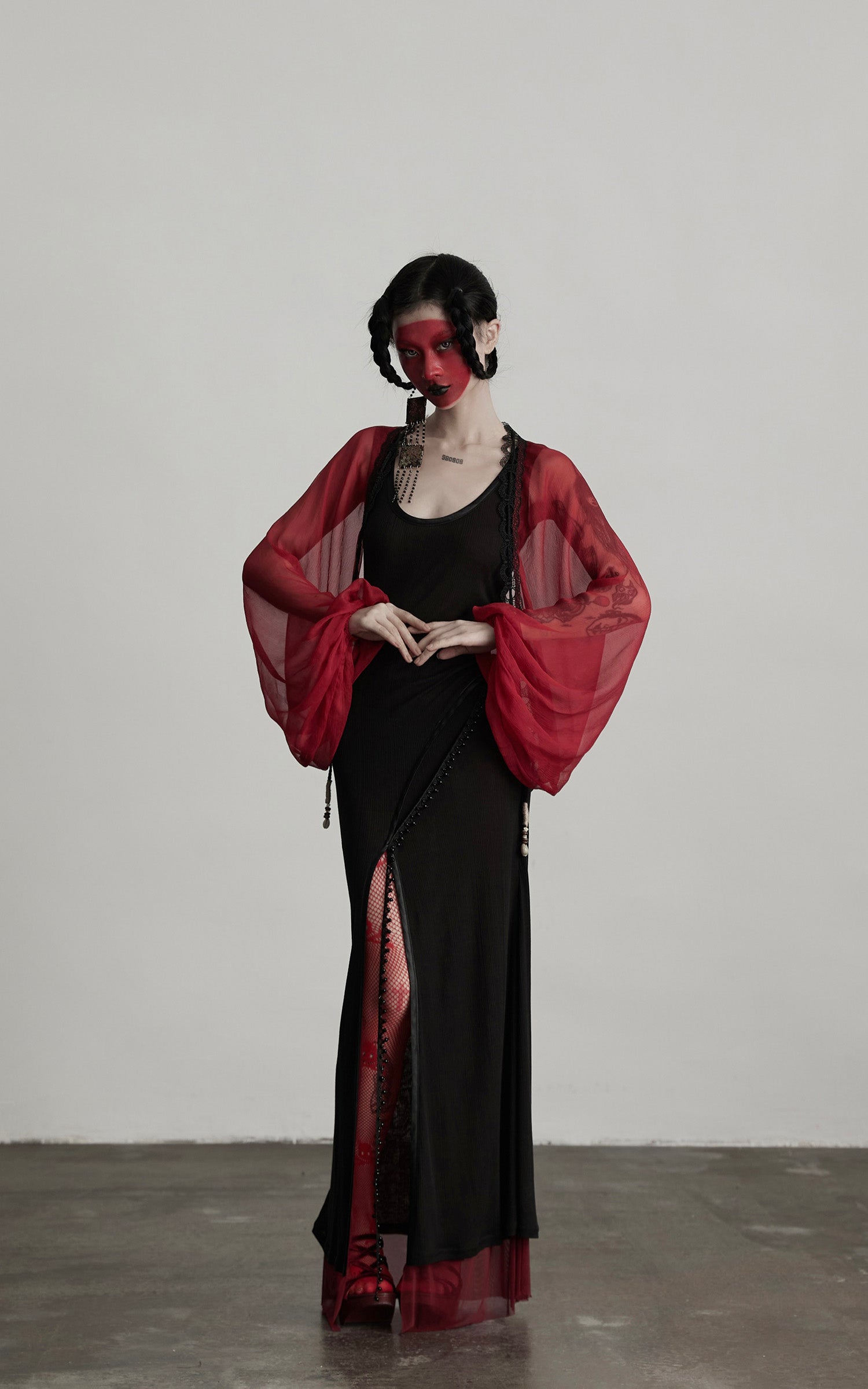 INDULGE Crimson Sheer Drape Jacket with Lace Trim and Beaded Tassels