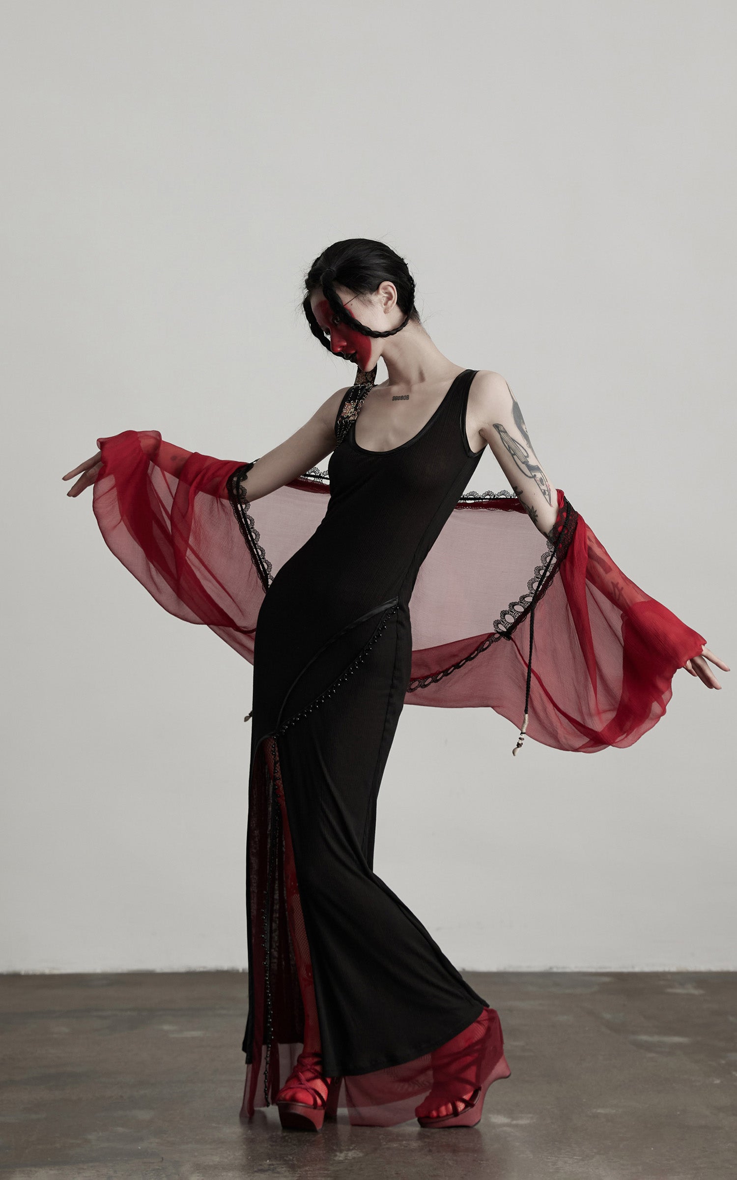 INDULGE Crimson Sheer Drape Jacket with Lace Trim and Beaded Tassels