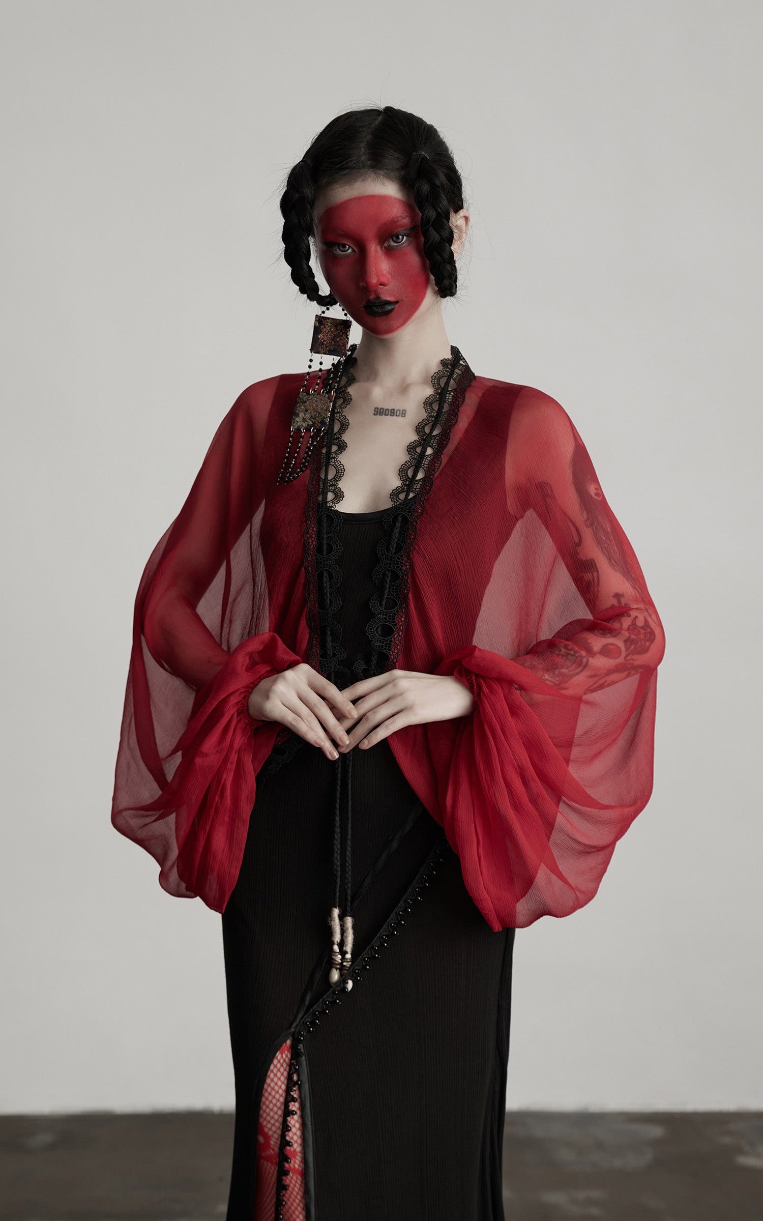 INDULGE Crimson Sheer Drape Jacket with Lace Trim and Beaded Tassels