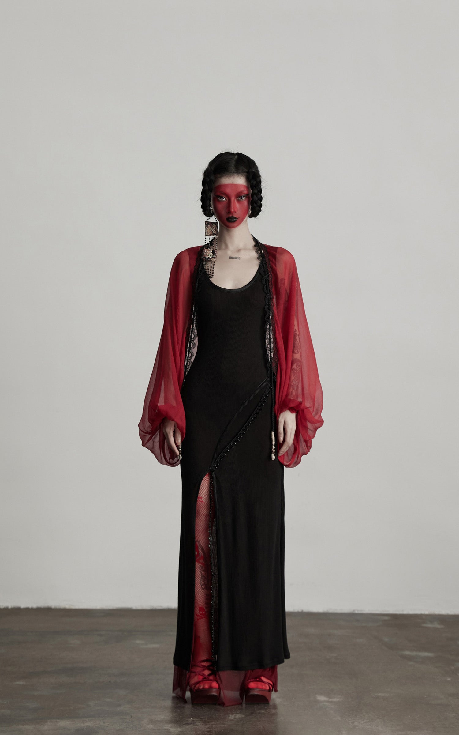 INDULGE Crimson Sheer Drape Jacket with Lace Trim and Beaded Tassels