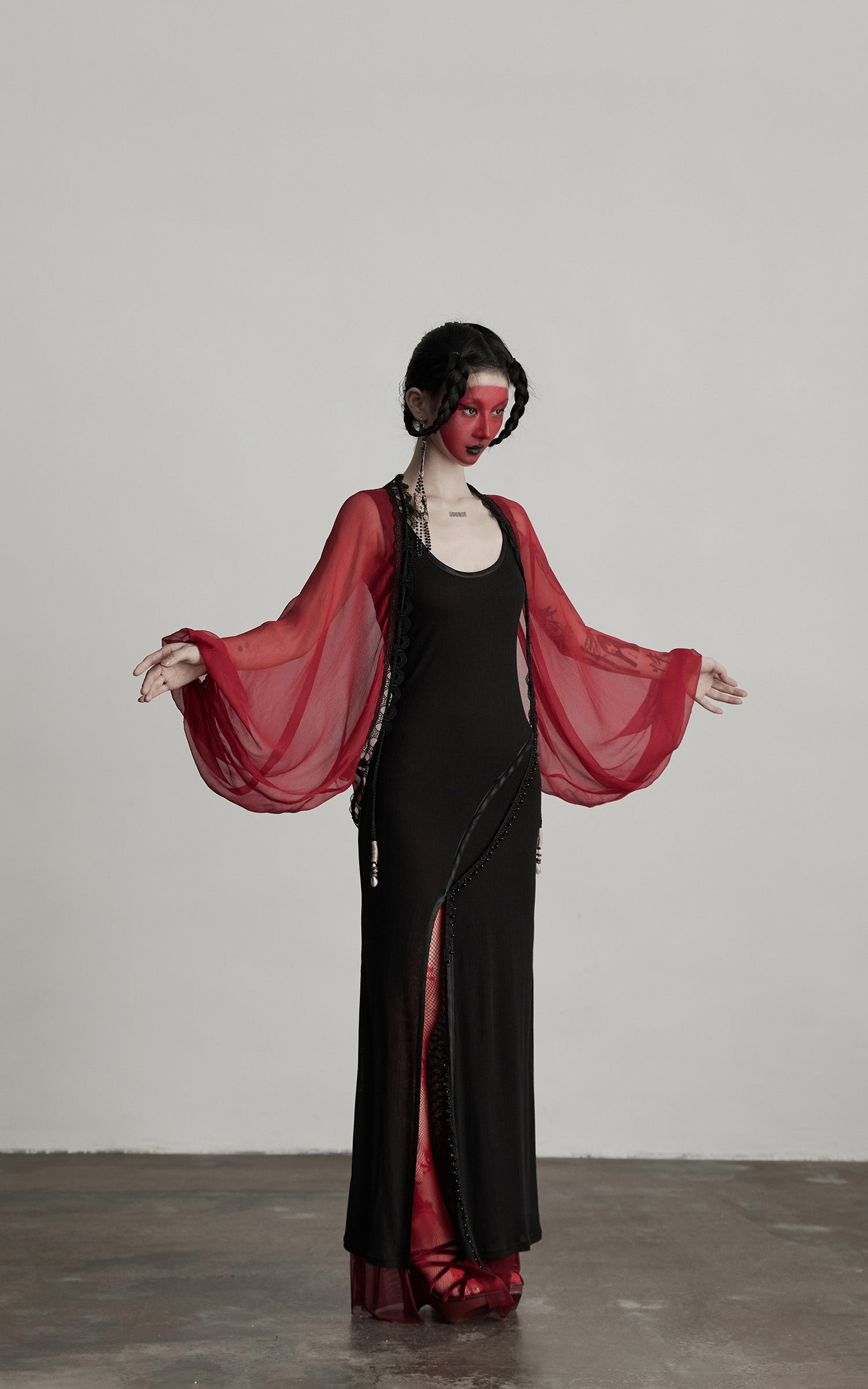 INDULGE Crimson Sheer Drape Jacket with Lace Trim and Beaded Tassels
