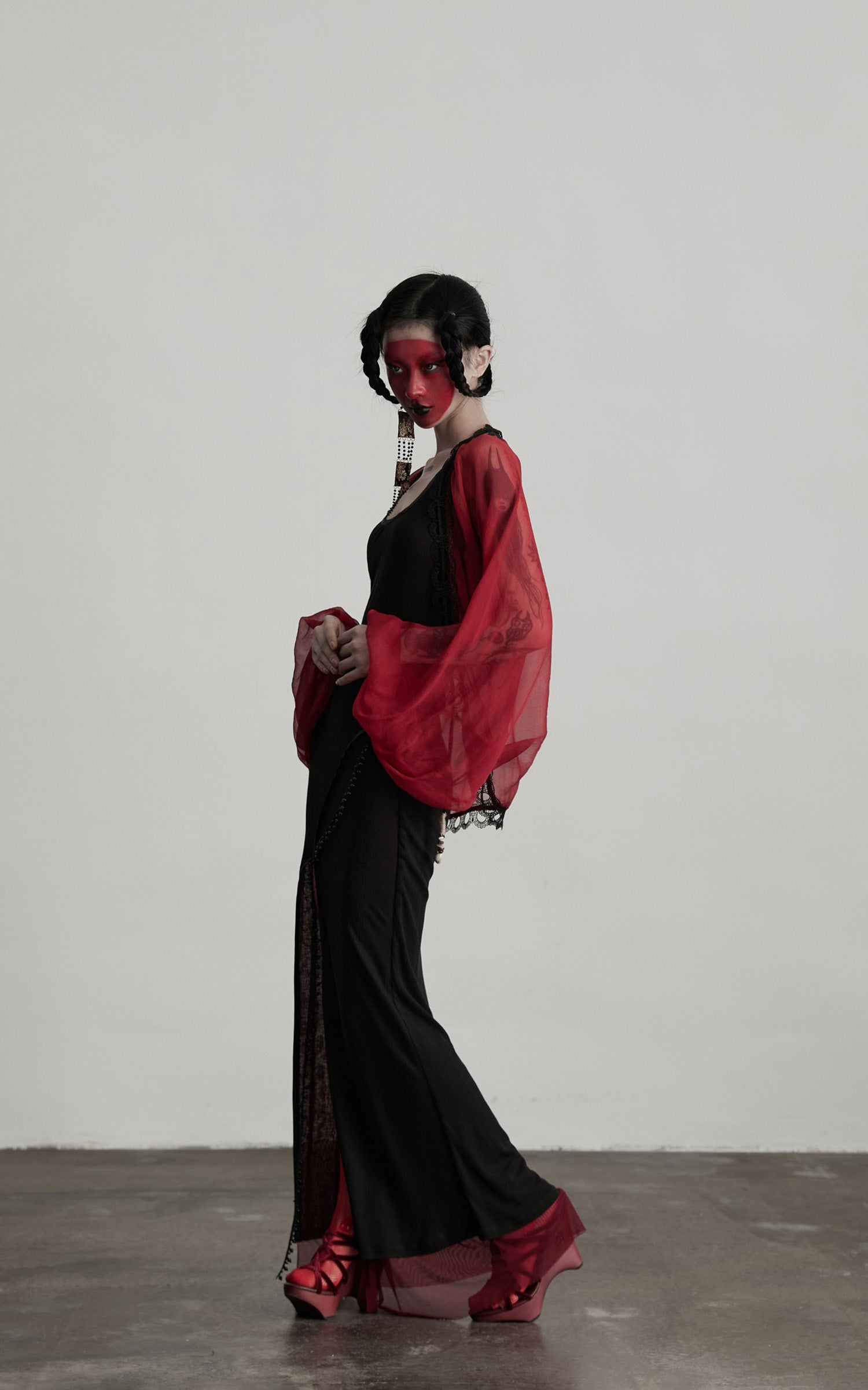 INDULGE Crimson Sheer Drape Jacket with Lace Trim and Beaded Tassels