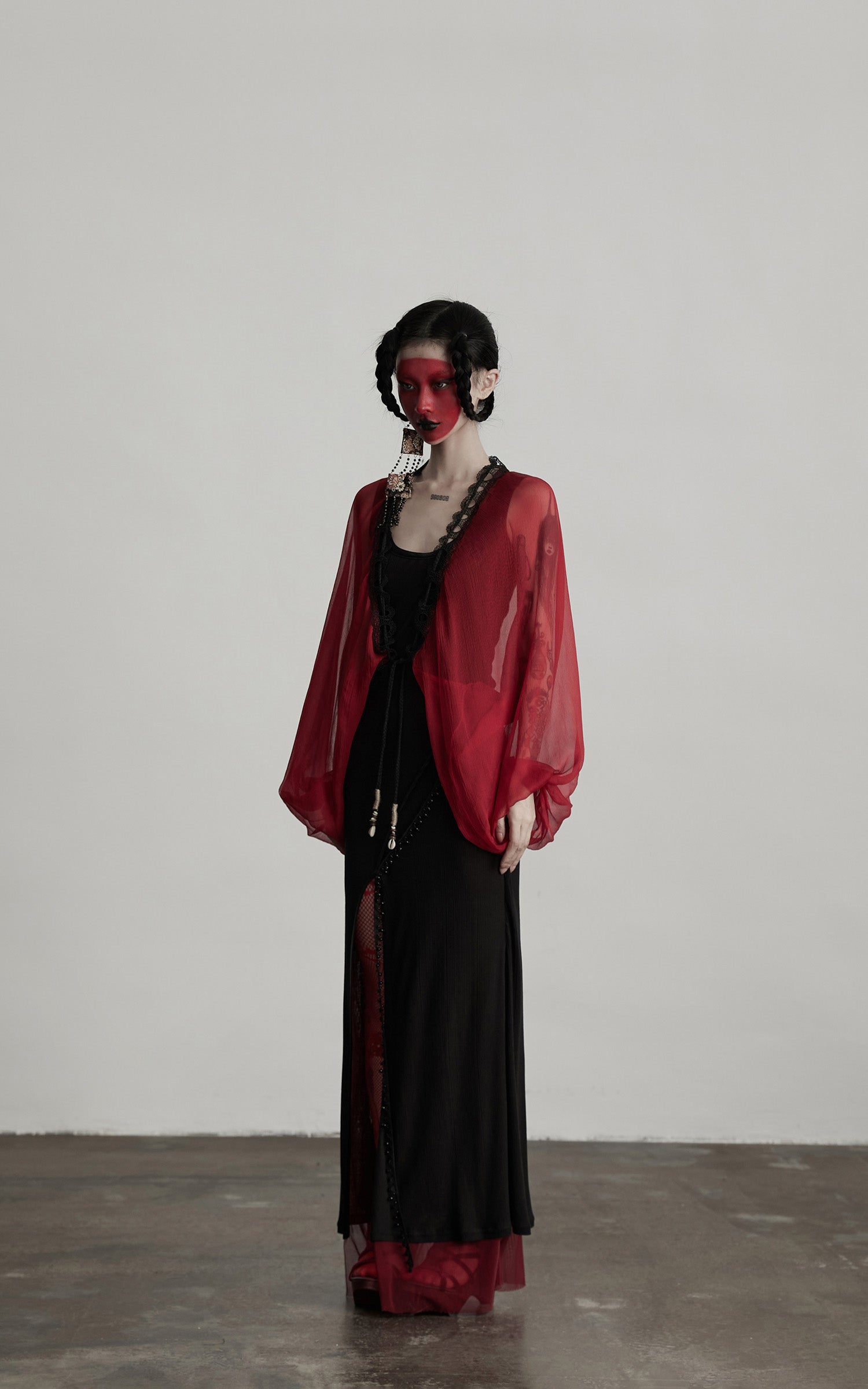 INDULGE Crimson Sheer Drape Jacket with Lace Trim and Beaded Tassels
