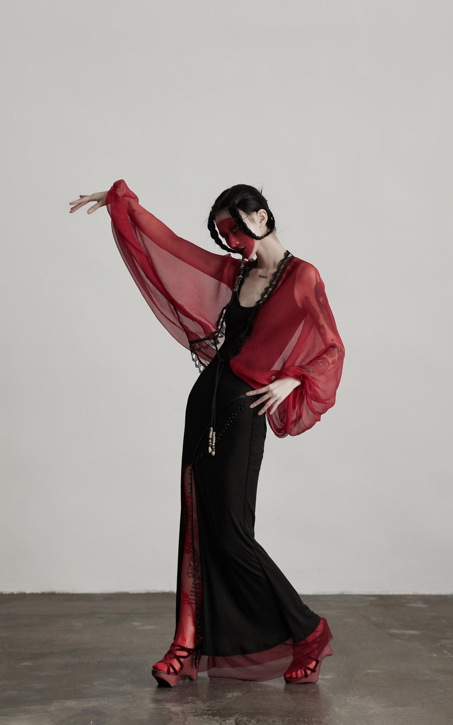 INDULGE Crimson Sheer Drape Jacket with Lace Trim and Beaded Tassels