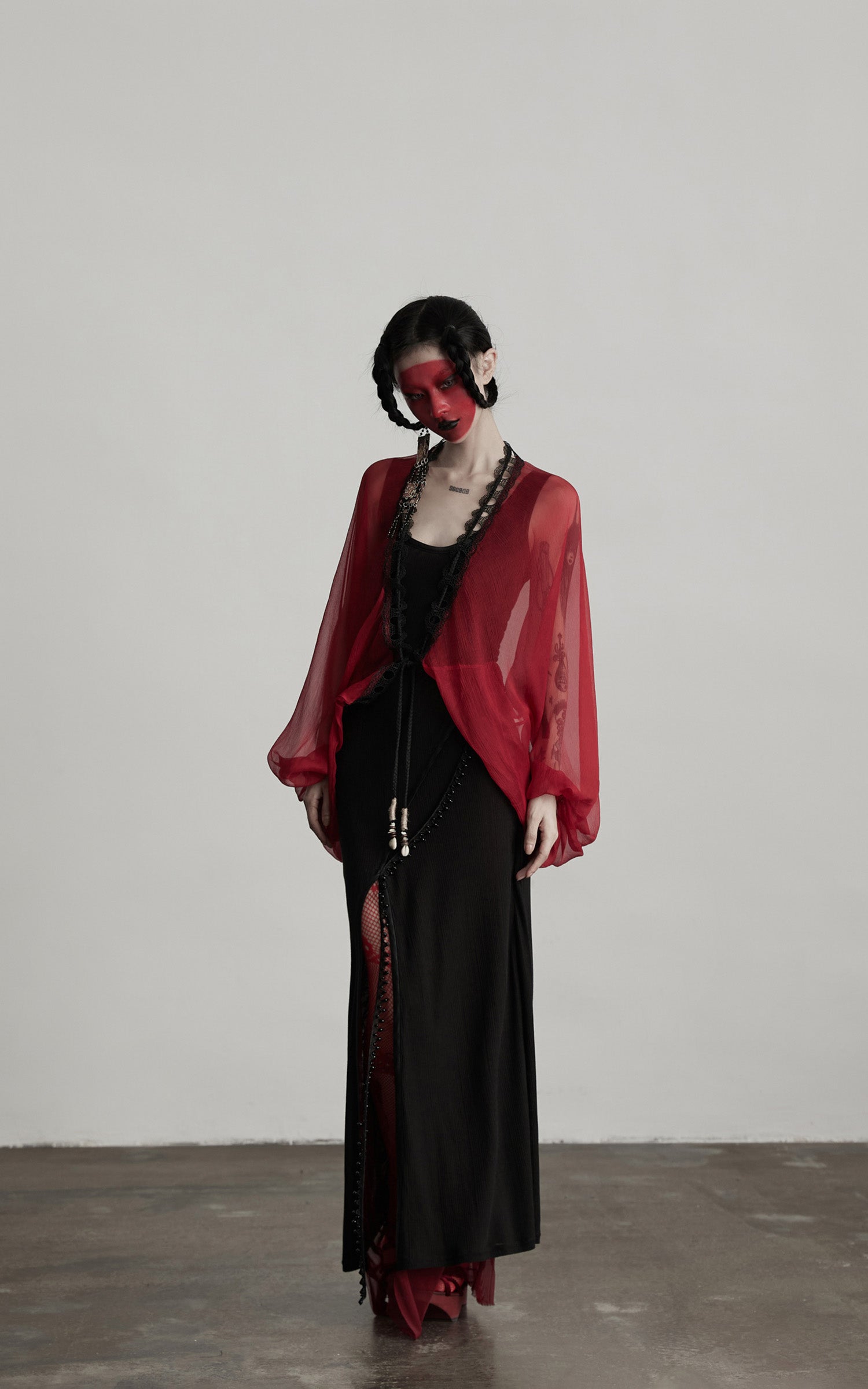 INDULGE Crimson Sheer Drape Jacket with Lace Trim and Beaded Tassels