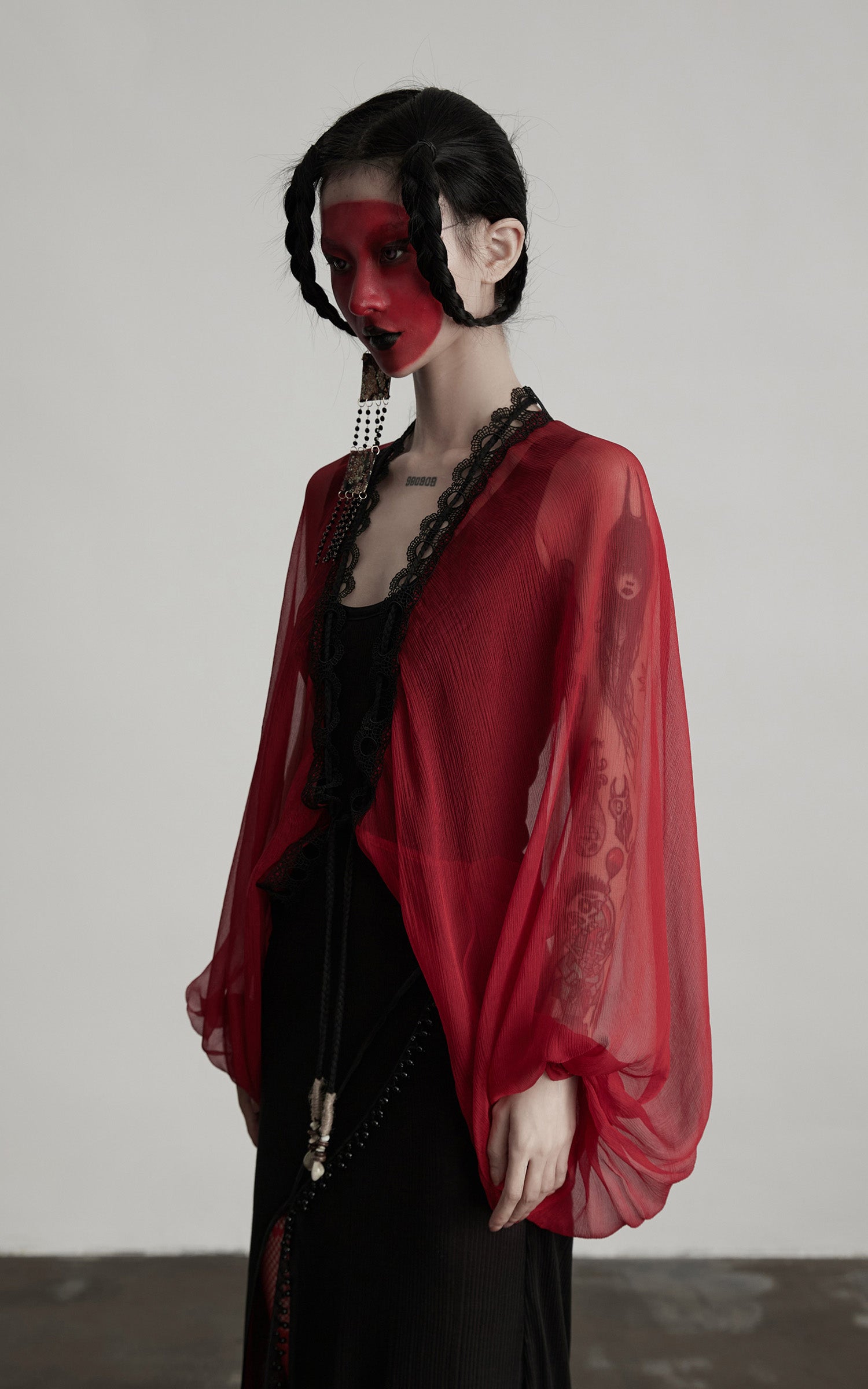 INDULGE Crimson Sheer Drape Jacket with Lace Trim and Beaded Tassels