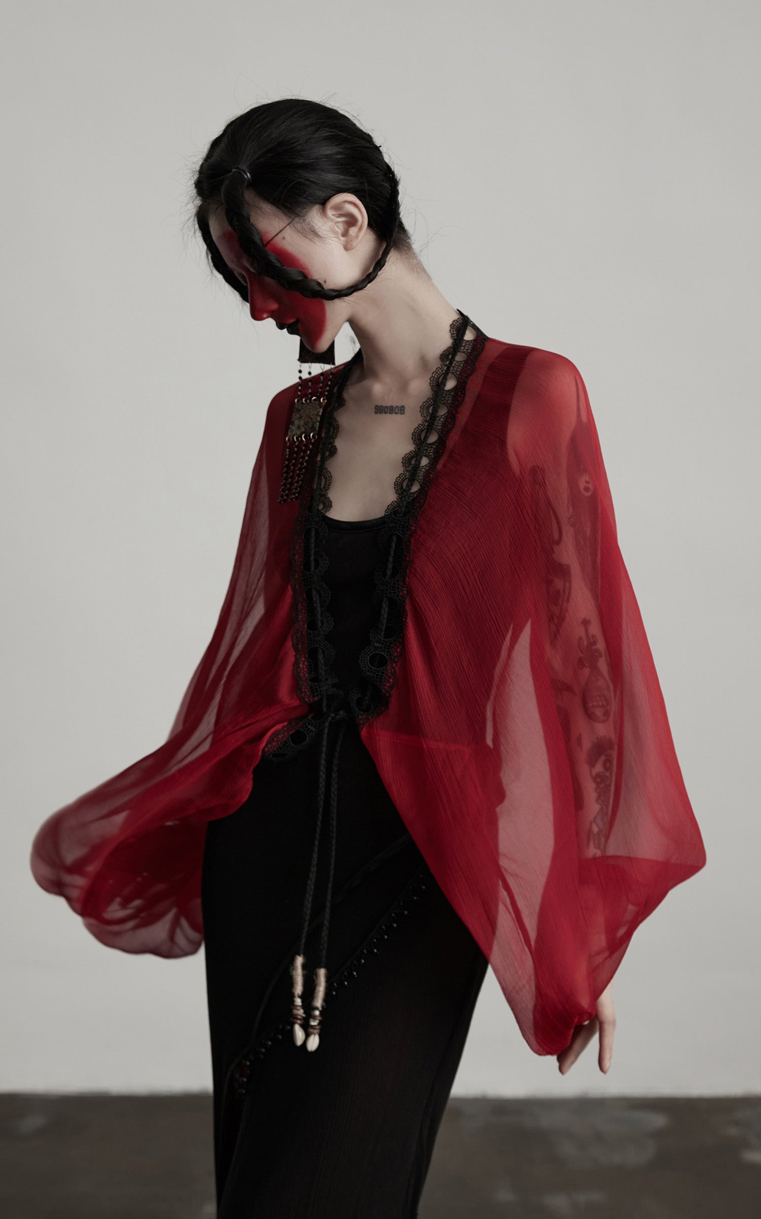 INDULGE Crimson Sheer Drape Jacket with Lace Trim and Beaded Tassels
