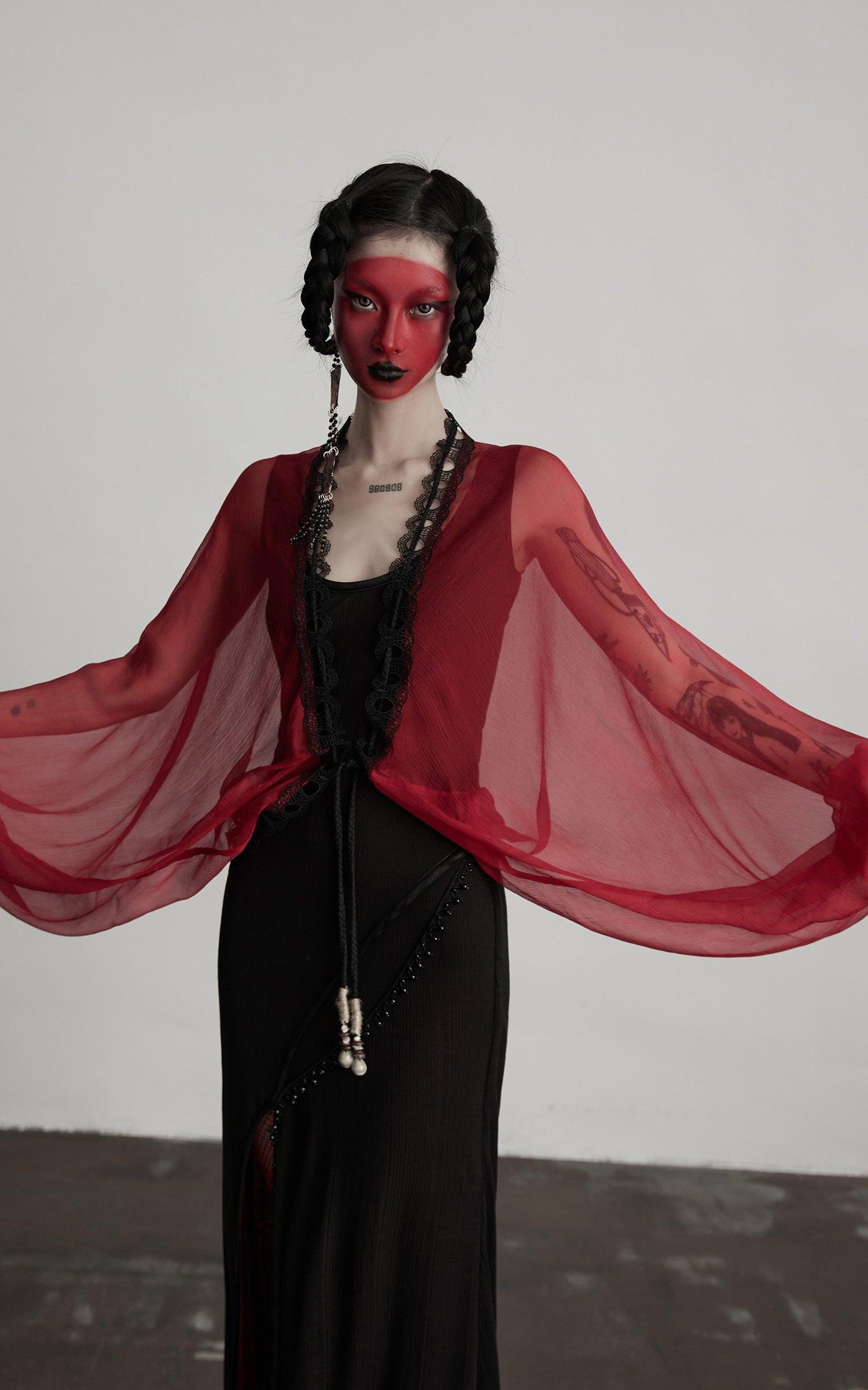 INDULGE Crimson Sheer Drape Jacket with Lace Trim and Beaded Tassels