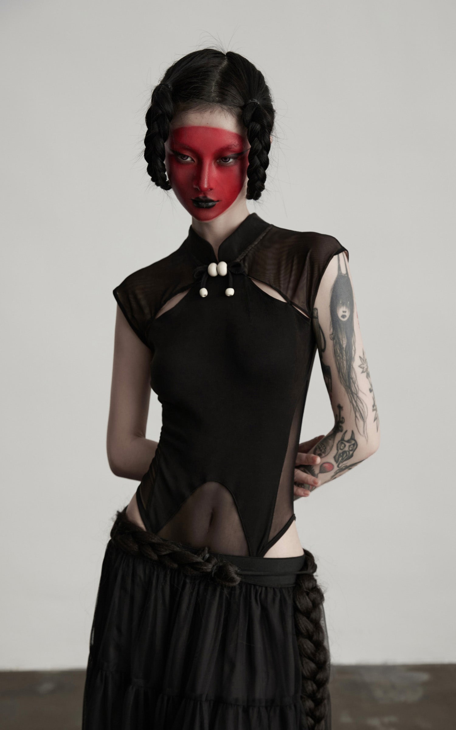 INDULGE Sculpted Mesh Bodysuit with Mandarin Collar and Cutout Panels