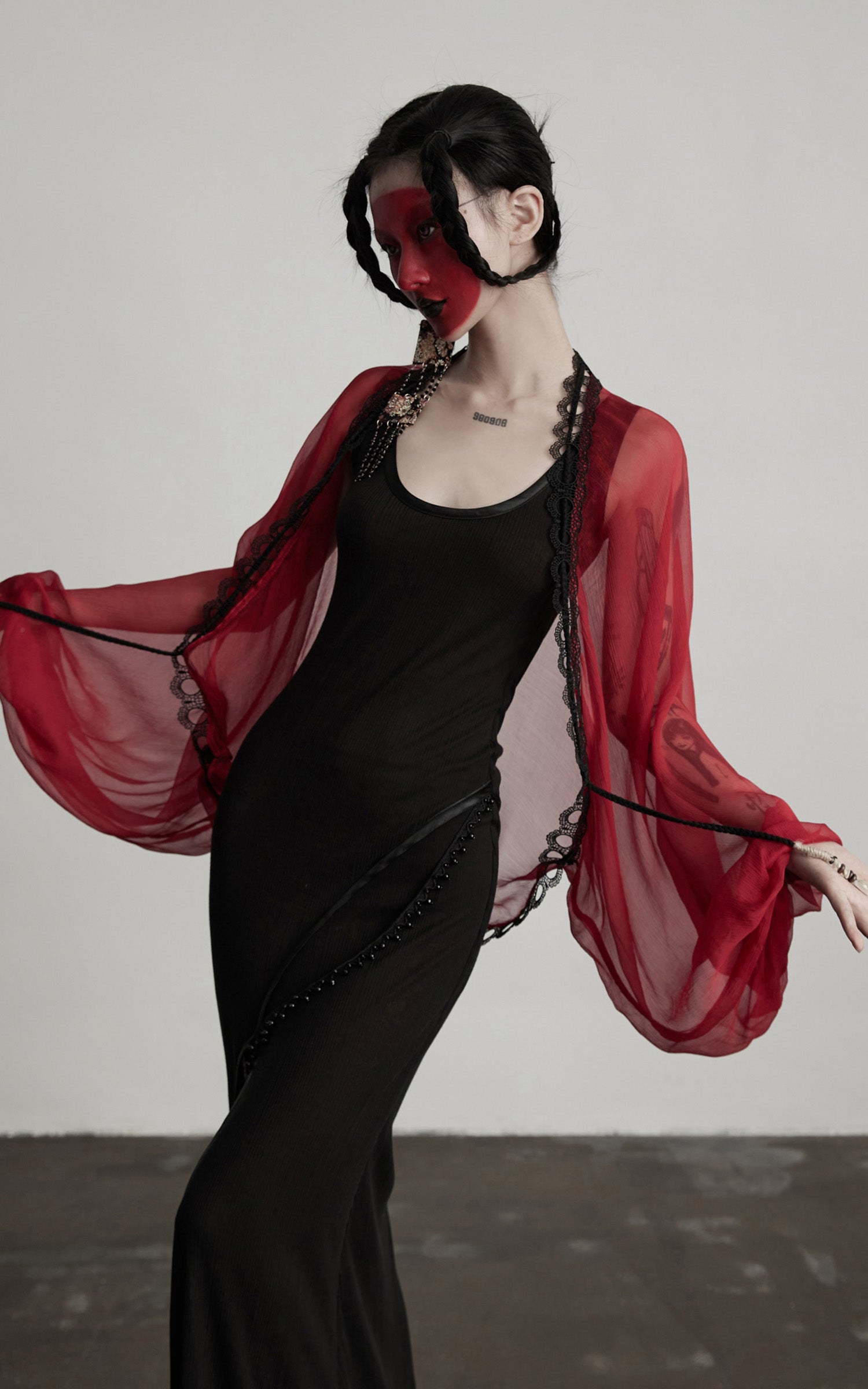INDULGE Crimson Sheer Drape Jacket with Lace Trim and Beaded Tassels