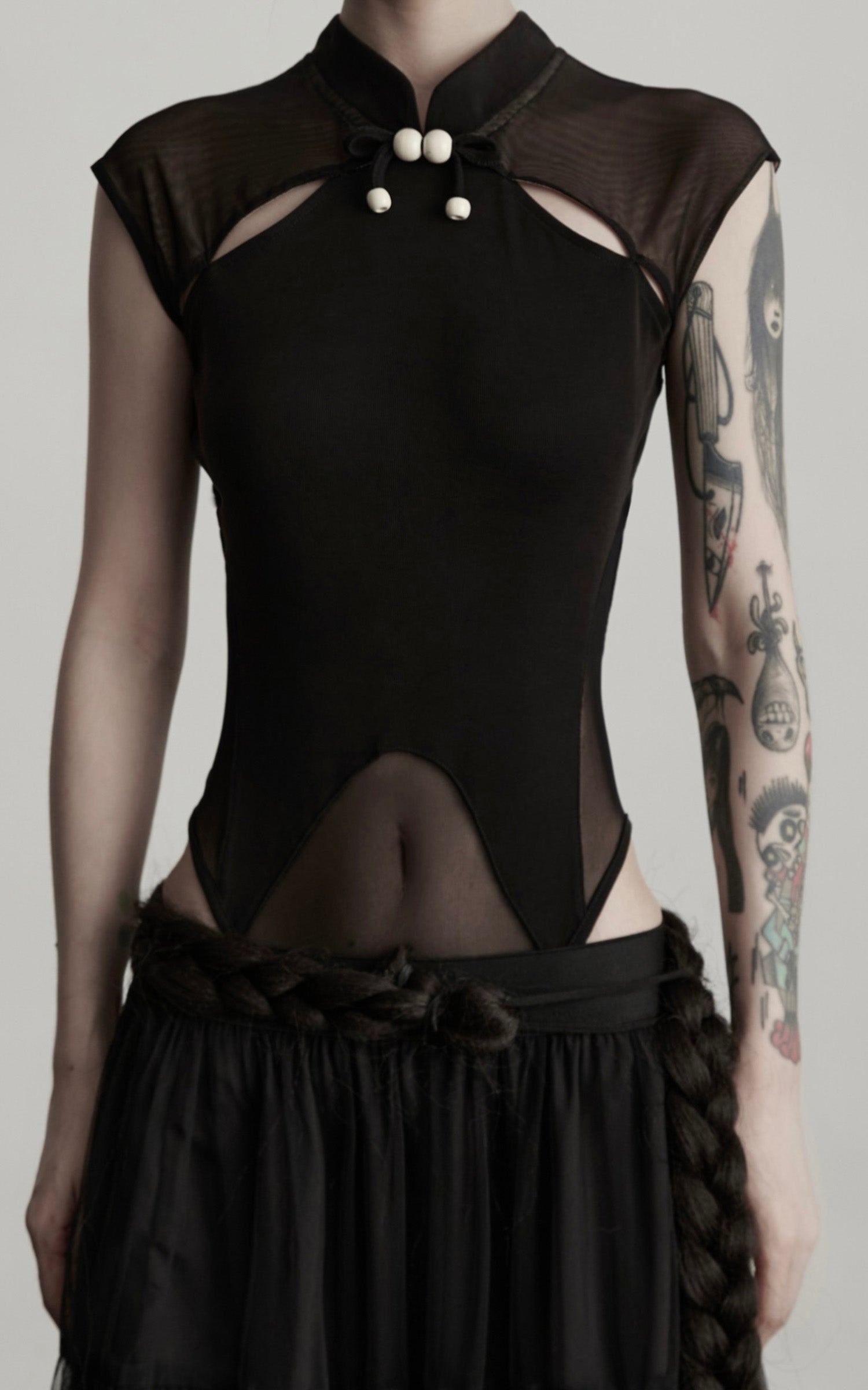 INDULGE Sculpted Mesh Bodysuit with Mandarin Collar and Cutout Panels