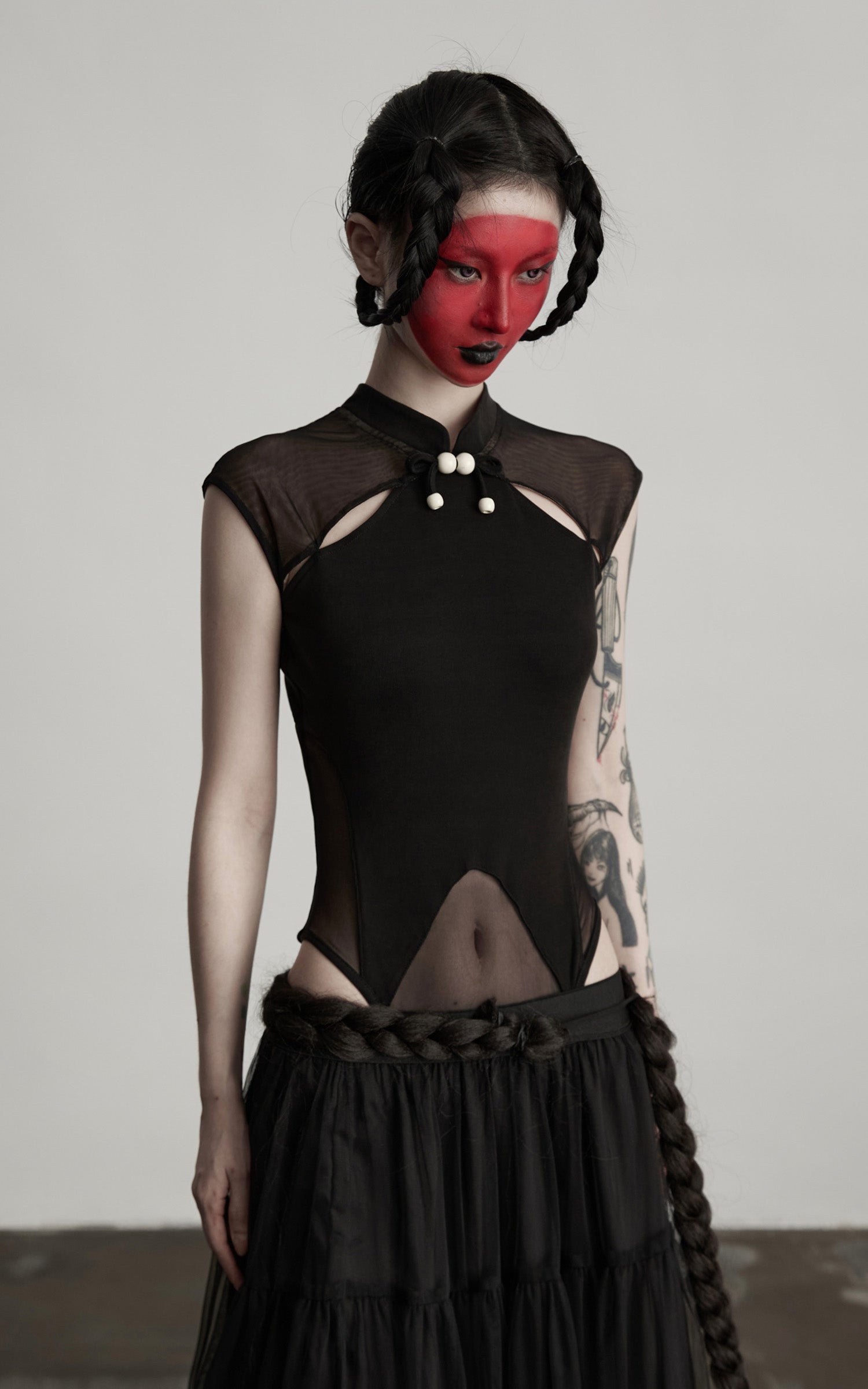 INDULGE Sculpted Mesh Bodysuit with Mandarin Collar and Cutout Panels