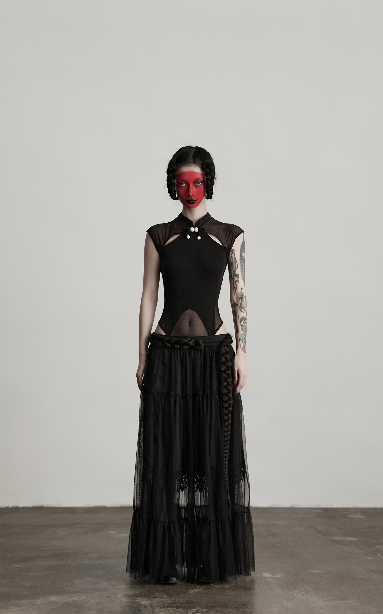 INDULGE Sculpted Mesh Bodysuit with Mandarin Collar and Cutout Panels