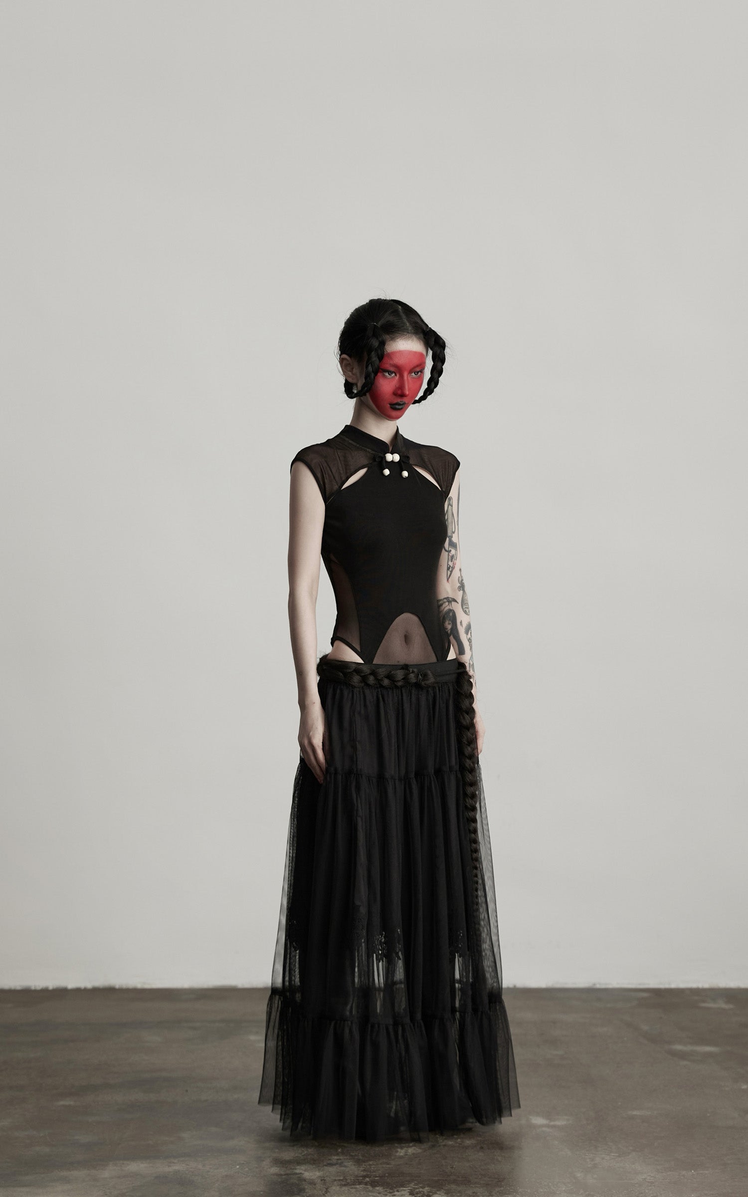 INDULGE Sculpted Mesh Bodysuit with Mandarin Collar and Cutout Panels