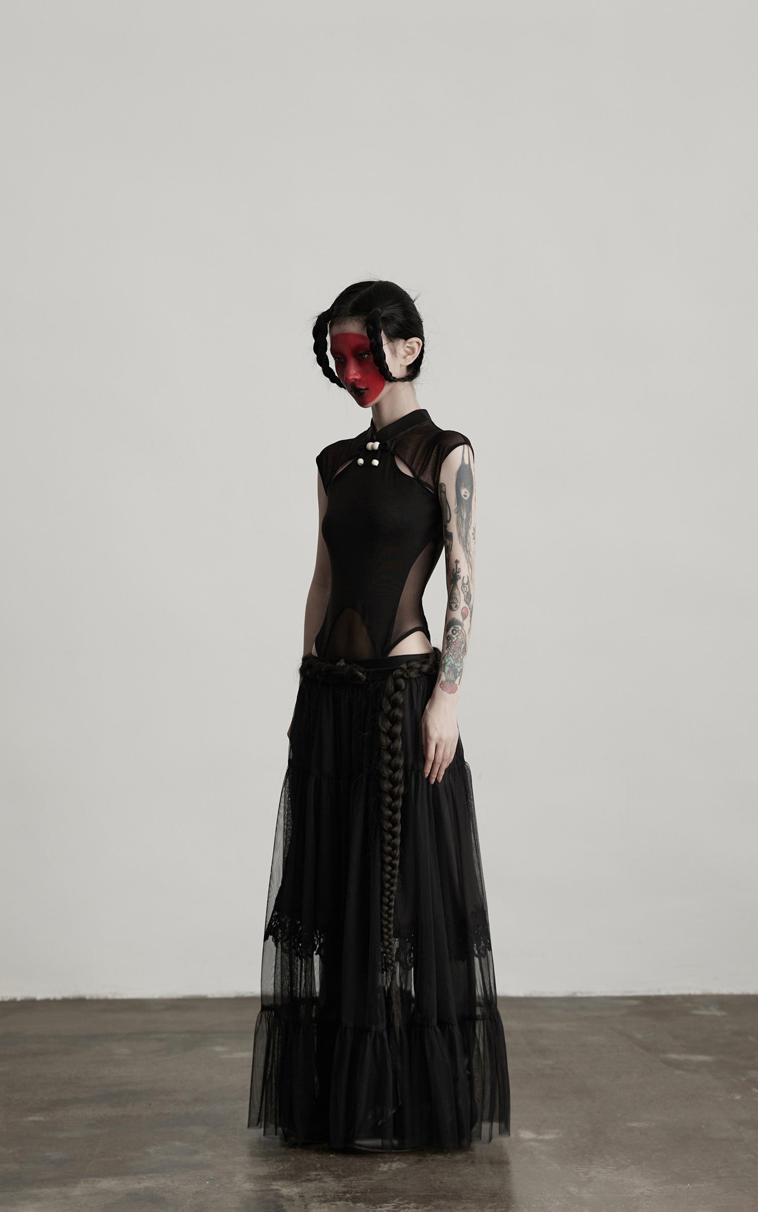 INDULGE Sculpted Mesh Bodysuit with Mandarin Collar and Cutout Panels