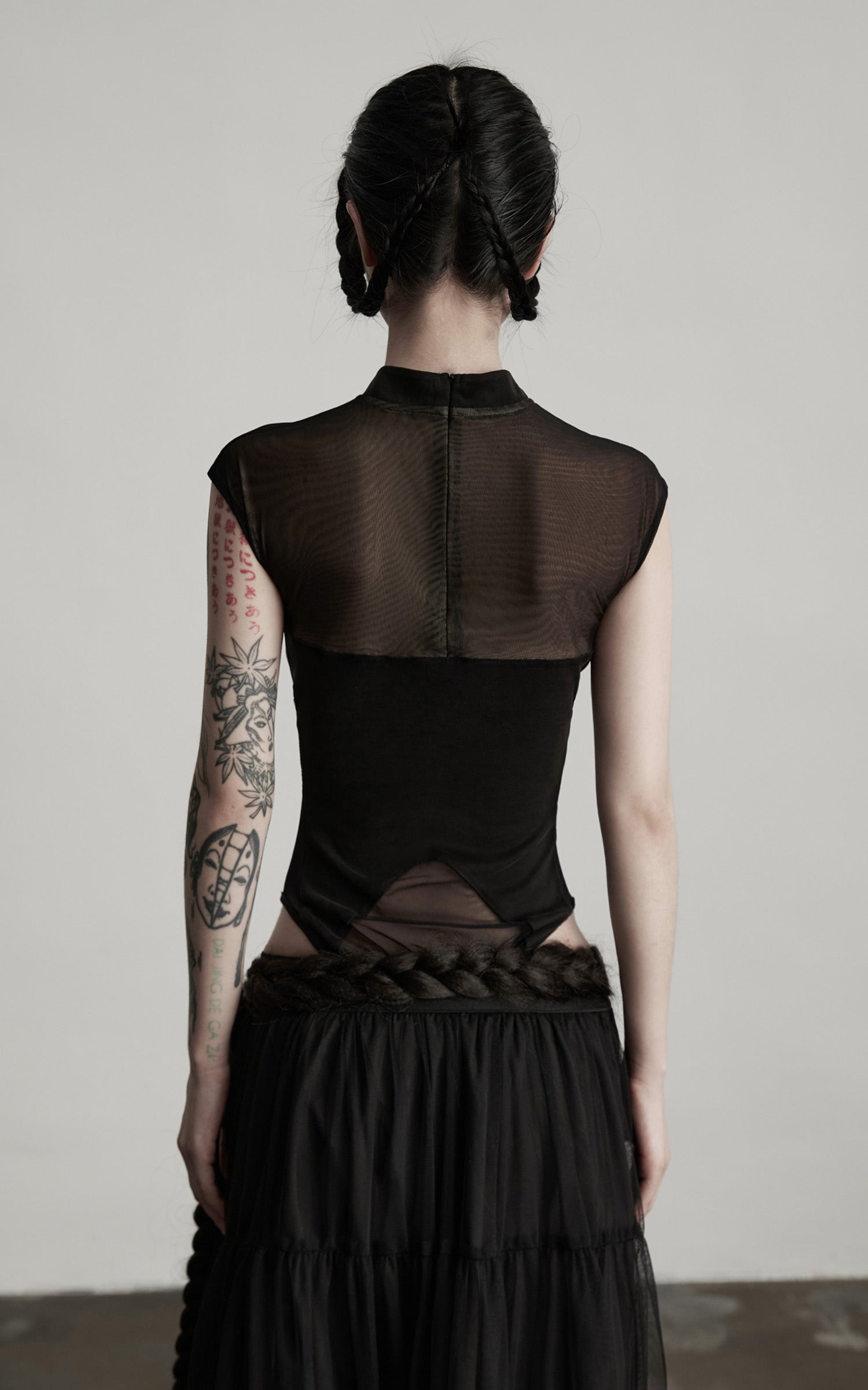 INDULGE Sculpted Mesh Bodysuit with Mandarin Collar and Cutout Panels