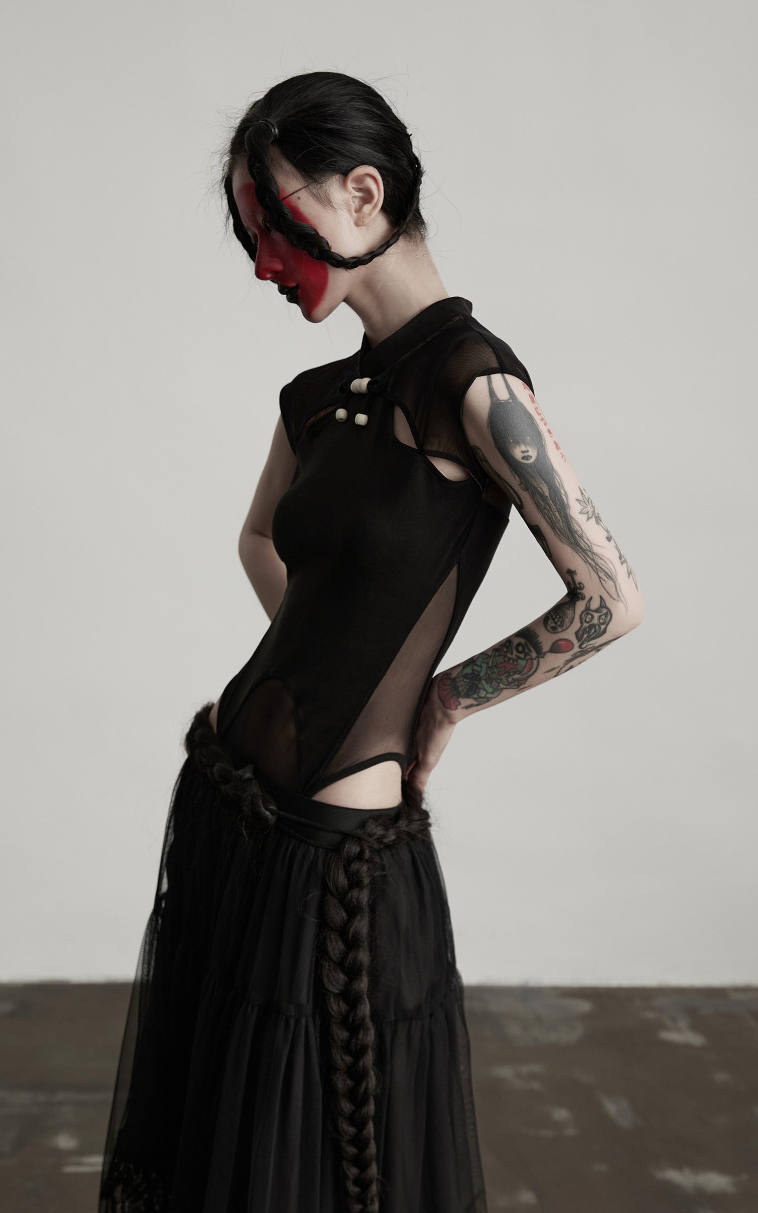 INDULGE Sculpted Mesh Bodysuit with Mandarin Collar and Cutout Panels