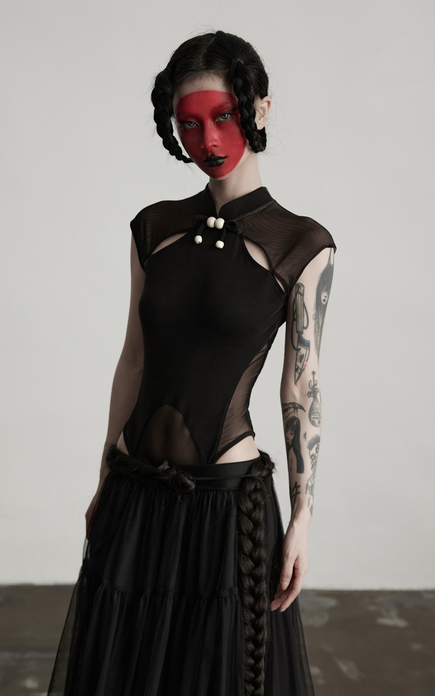 INDULGE Sculpted Mesh Bodysuit with Mandarin Collar and Cutout Panels