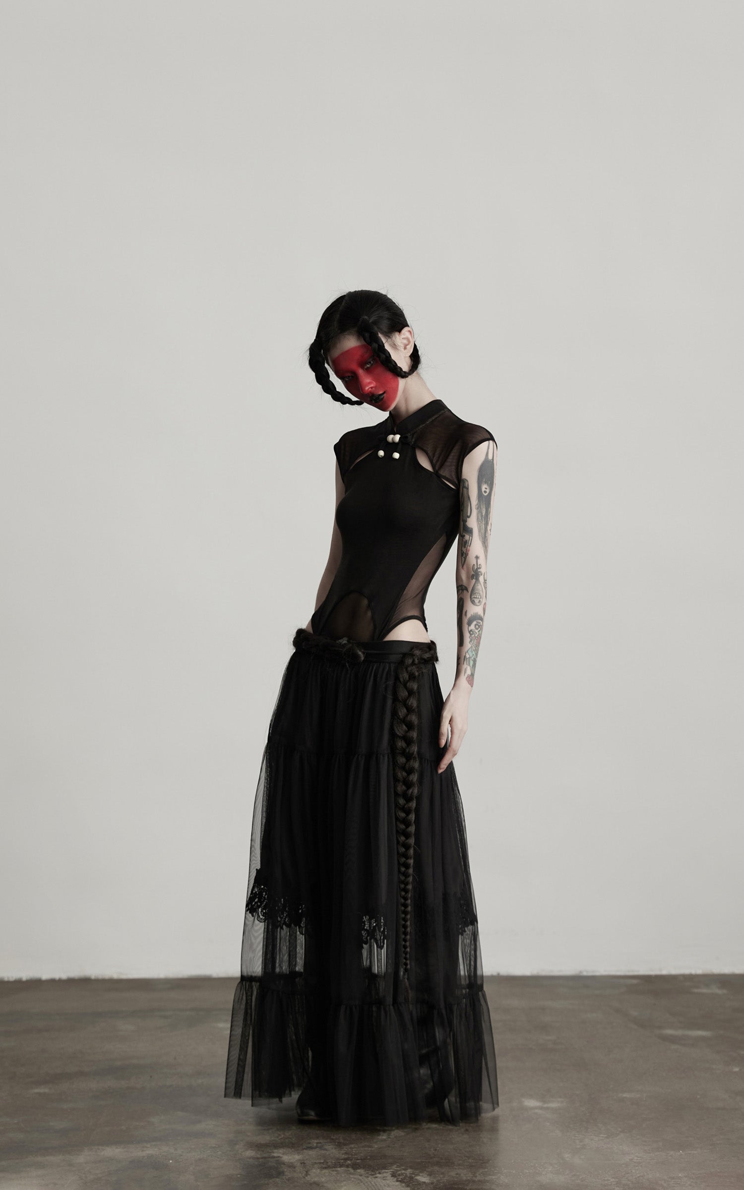 INDULGE Sculpted Mesh Bodysuit with Mandarin Collar and Cutout Panels