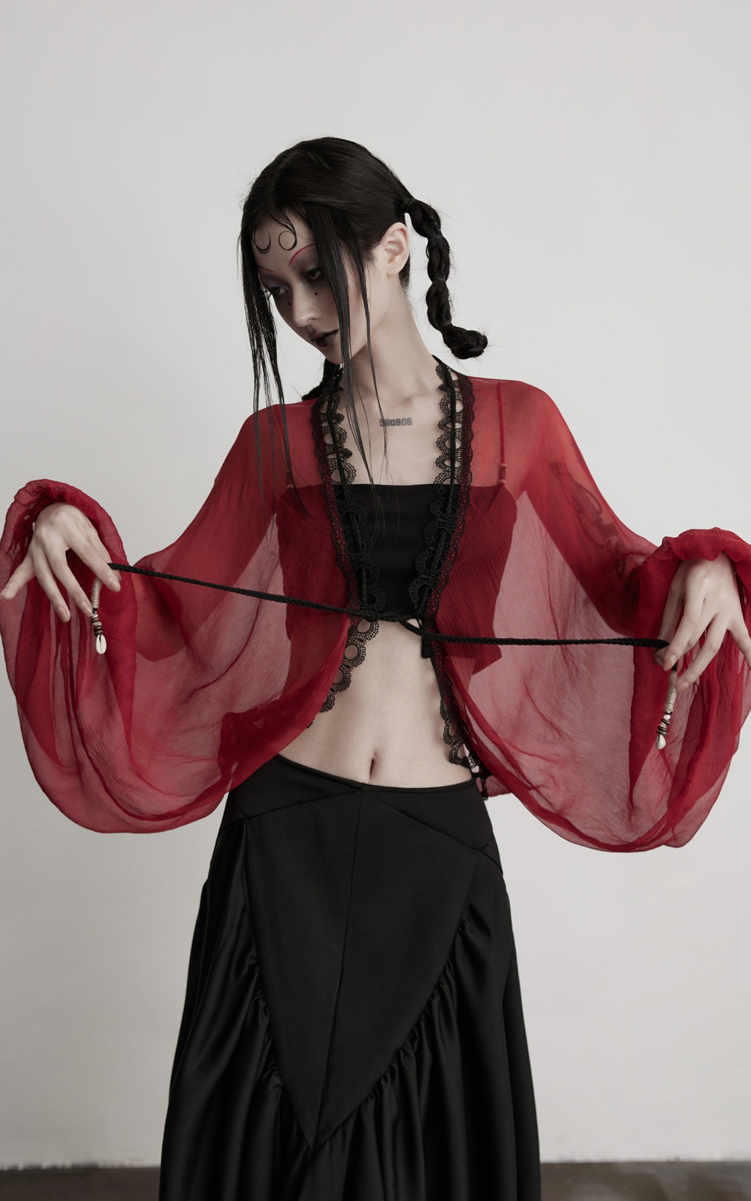 INDULGE Crimson Sheer Drape Jacket with Lace Trim and Beaded Tassels