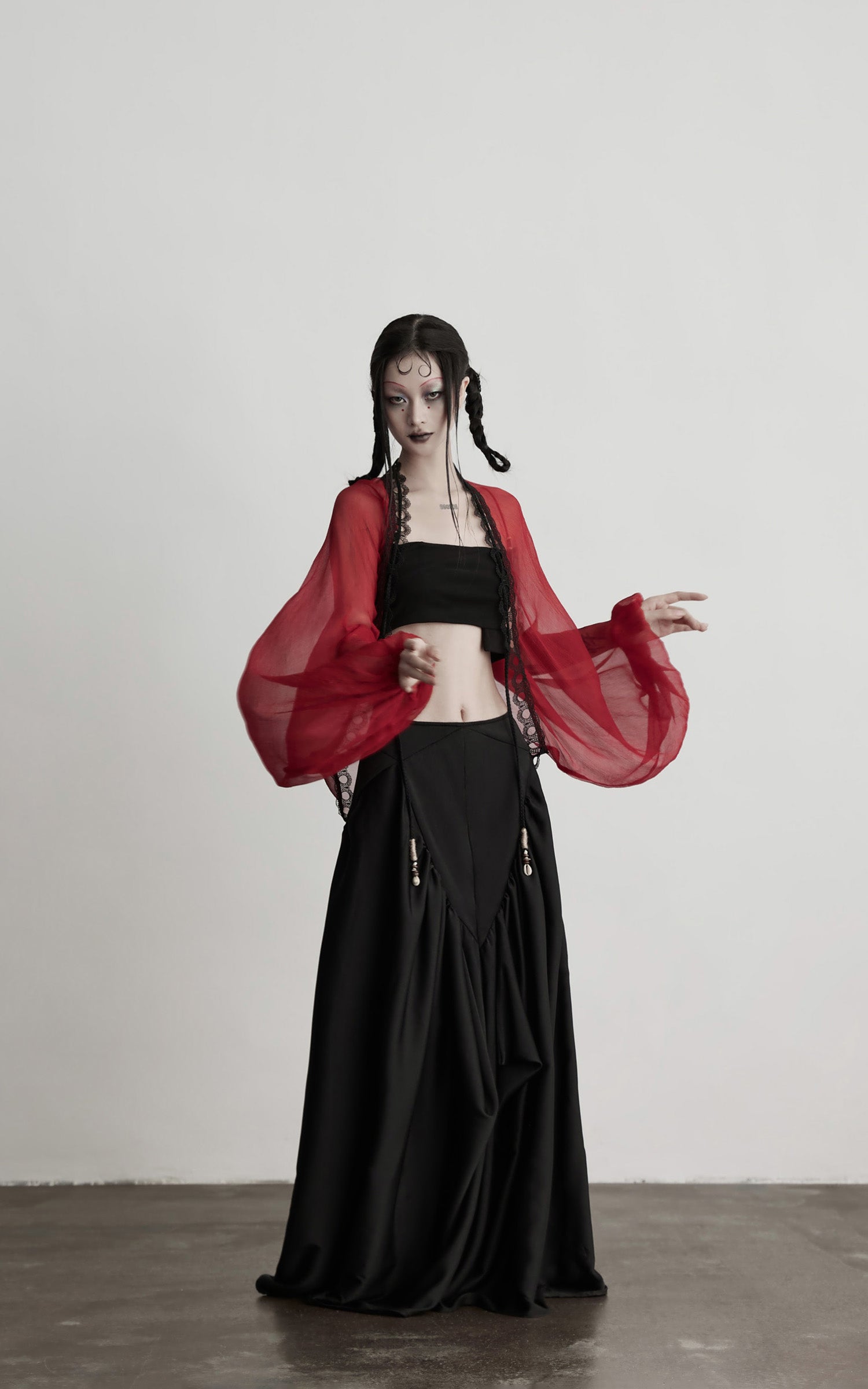 INDULGE Crimson Sheer Drape Jacket with Lace Trim and Beaded Tassels