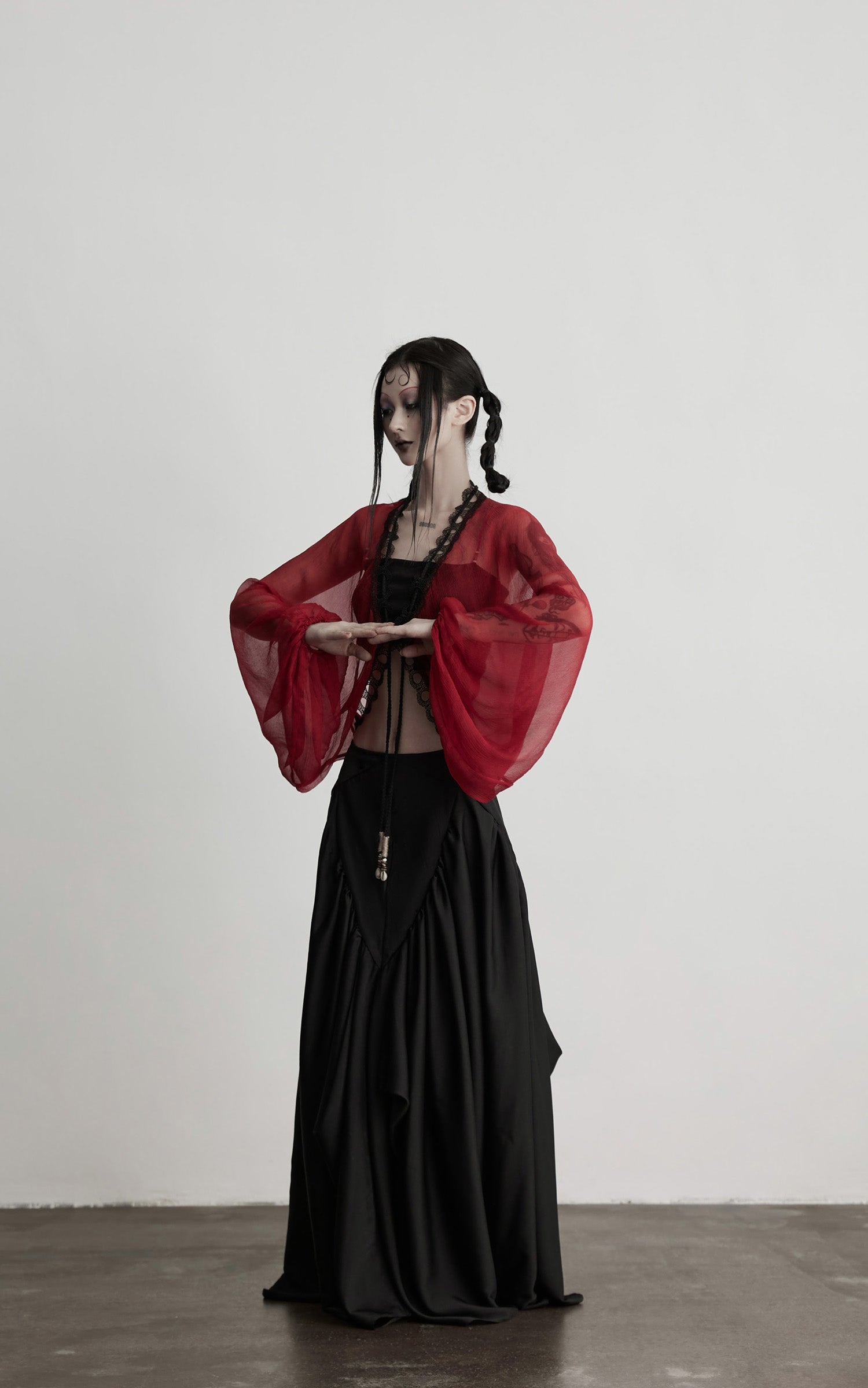 INDULGE Crimson Sheer Drape Jacket with Lace Trim and Beaded Tassels