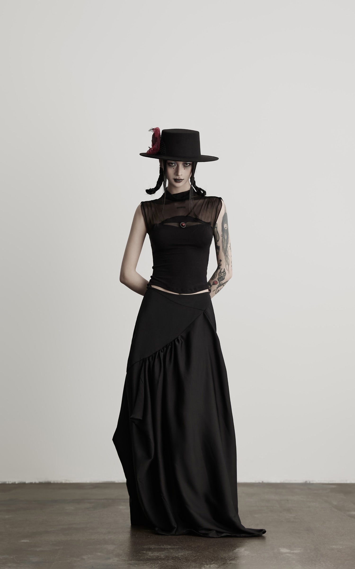 INDULGE IN Gothic Mesh Paneled Sleeveless Top with Red Orb Detail